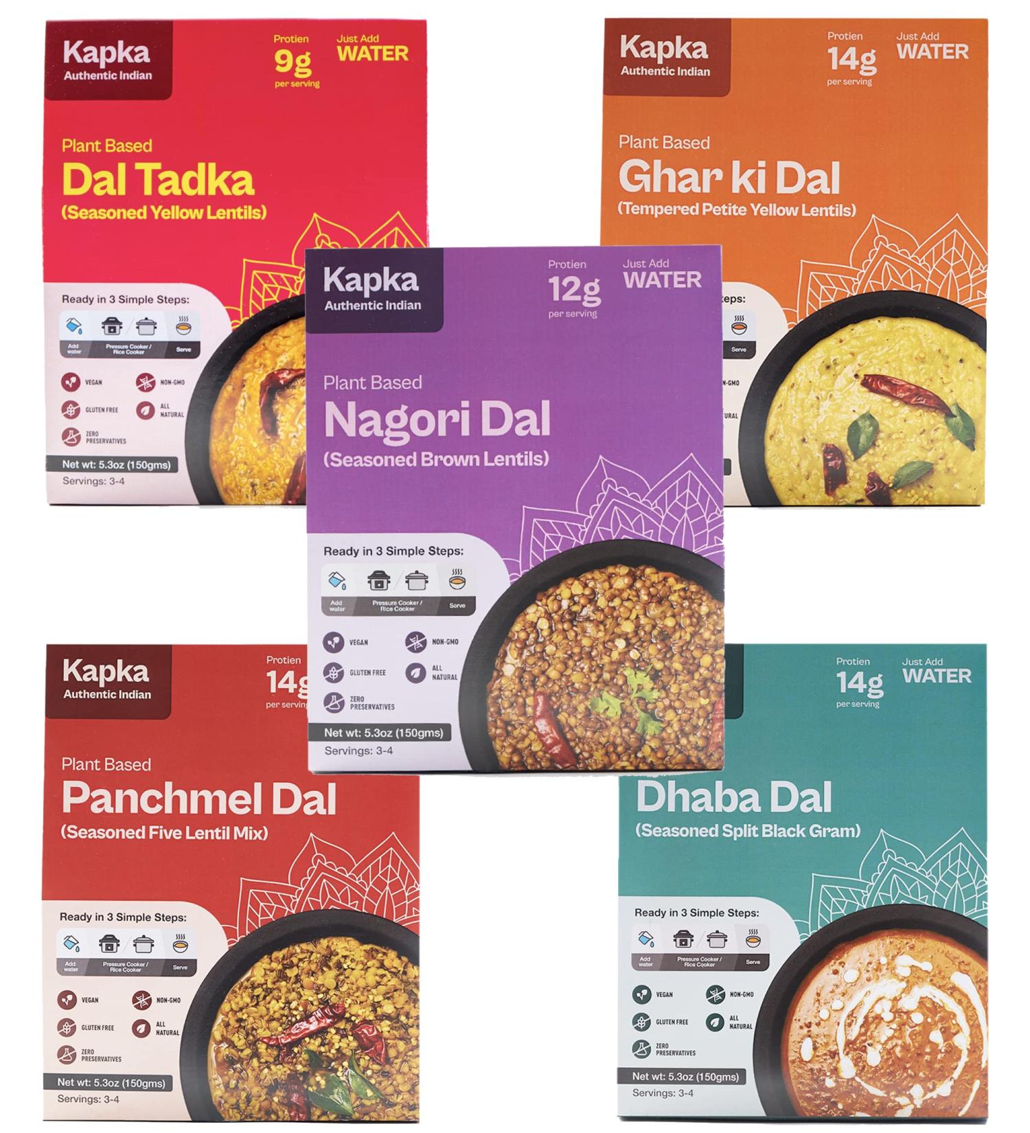 Kapka Vegan Indian Dal Plant Based Protein - 5 Pack Variety | Seasoned Ready to Eat Entrees for Instant Pots | Non-GMO Gluten Free | 3-4 Servings Per Pack | Pack of 5 Dals - Buy Online on GoSupps.com