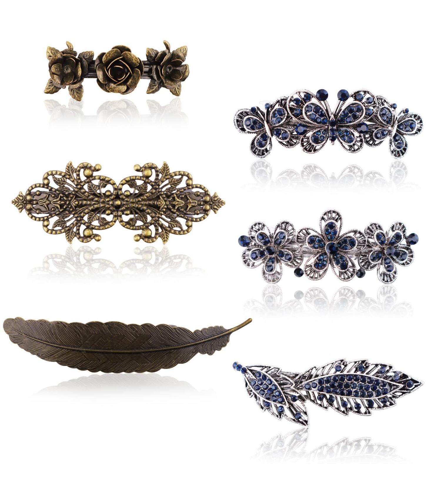 French Vintage Crystal Hair Barrettes - 6 Pieces Bronze Roses Feathers Hair Clips for Women and Girls - Buy Online on GoSupps.com