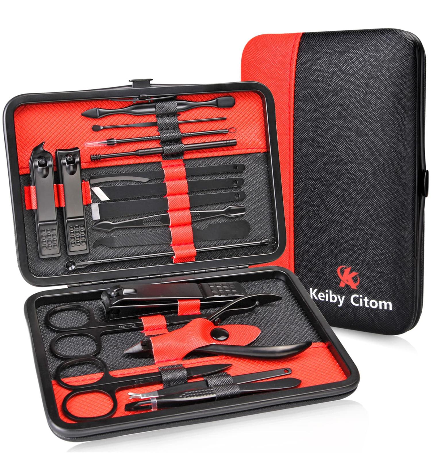 Keiby Citom Manicure Set 18pcs Professional Nail Clippers Kit Pedicure Care Tools-Stainless Steel Grooming Tools With Rose Gold PU Leather Case for Travel & Home (Black/Red) - Buy Online on GoSupps.com