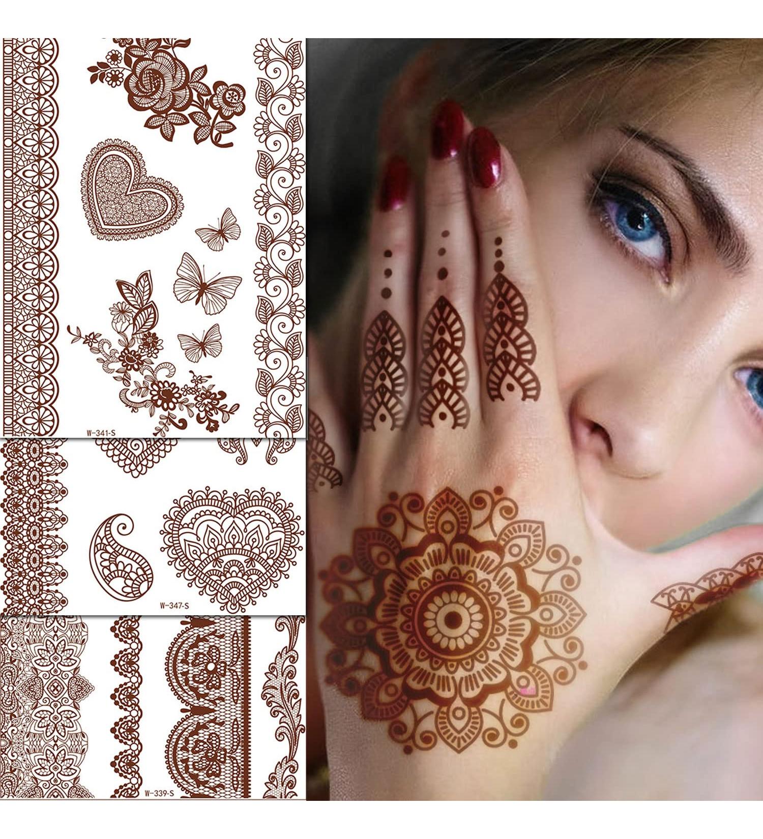 Henna Temporary Tattoos - Brown Waterproof Tattoo Stickers for Women - Ideal for Wedding, Parties & Festivals - 6 Sheets - Buy Online on GoSupps.com