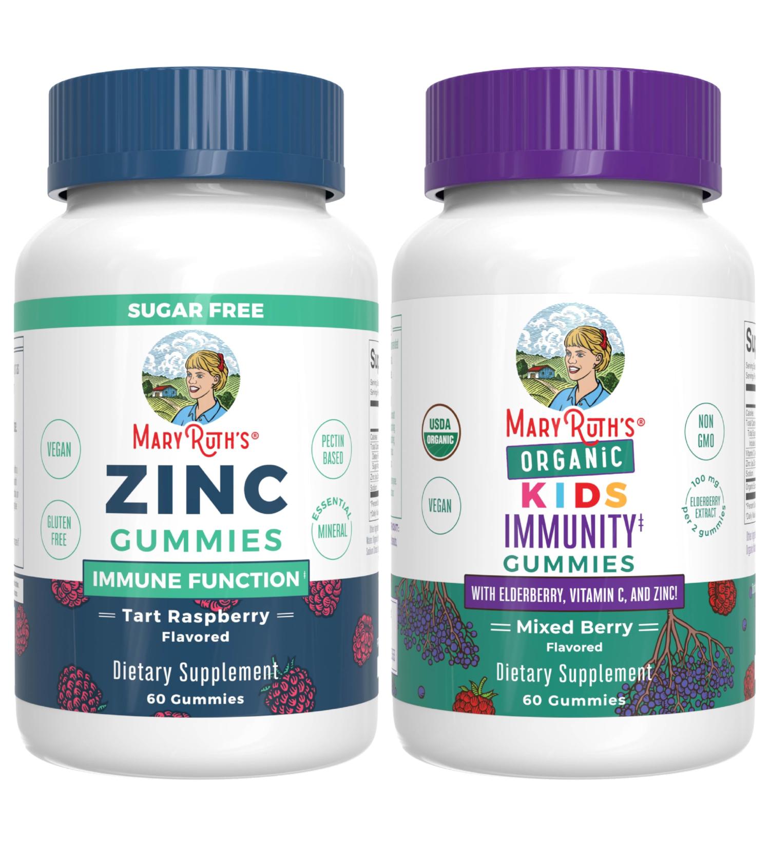 MaryRuth Organics Zinc (Tart Raspberry) & Kids Immunity Gummies (Mixed Berry) | Clean Label Project Verified | Vitamins for Immunity & Overall Health and Wellness | Vegan Non-GMO No Gelatin - Buy Online on GoSupps.com