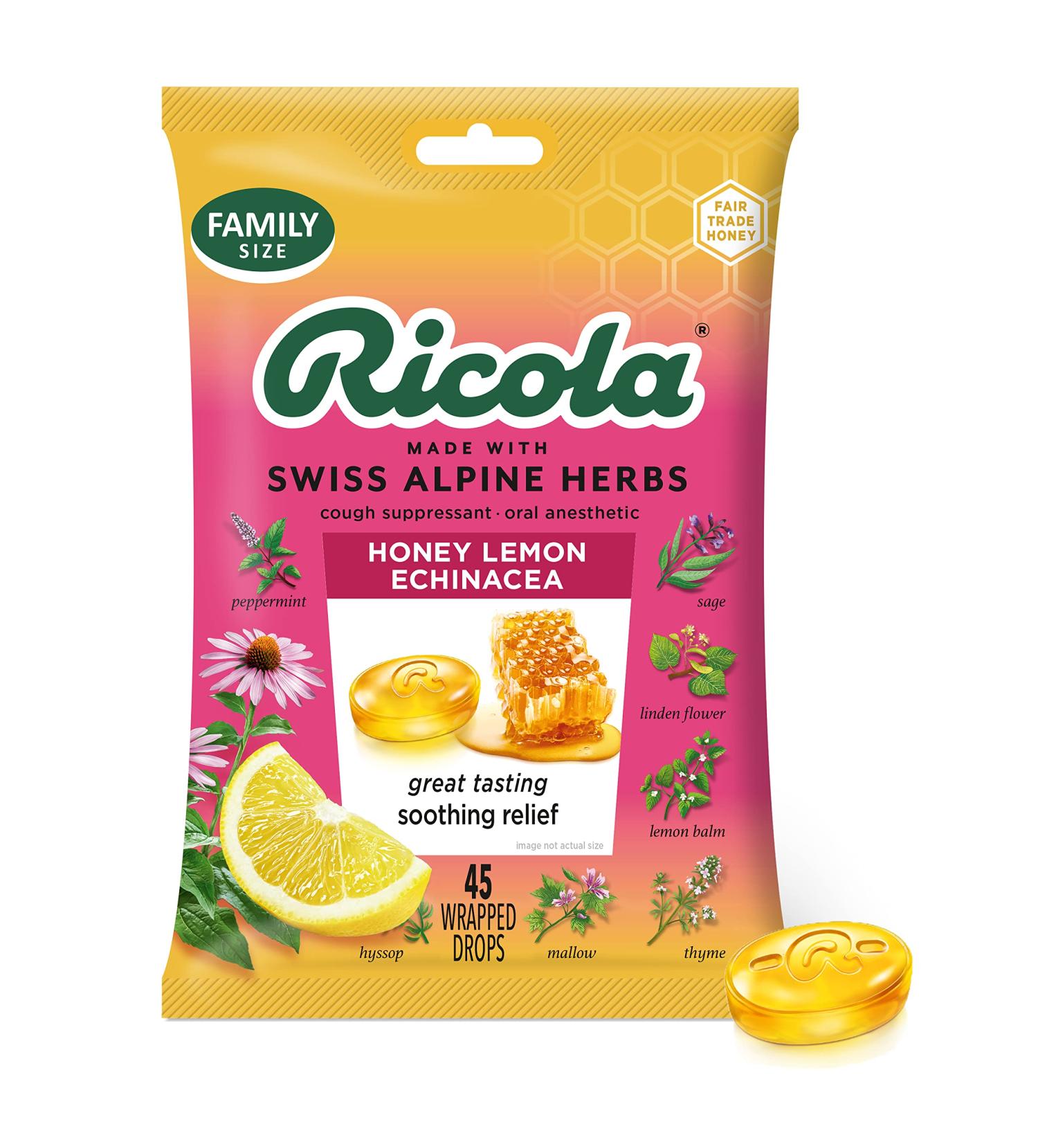 Ricola Honey Lemon with Echinacea 45ct Throat Drops - Herbal Cough Suppressant - Buy Online on GoSupps.com