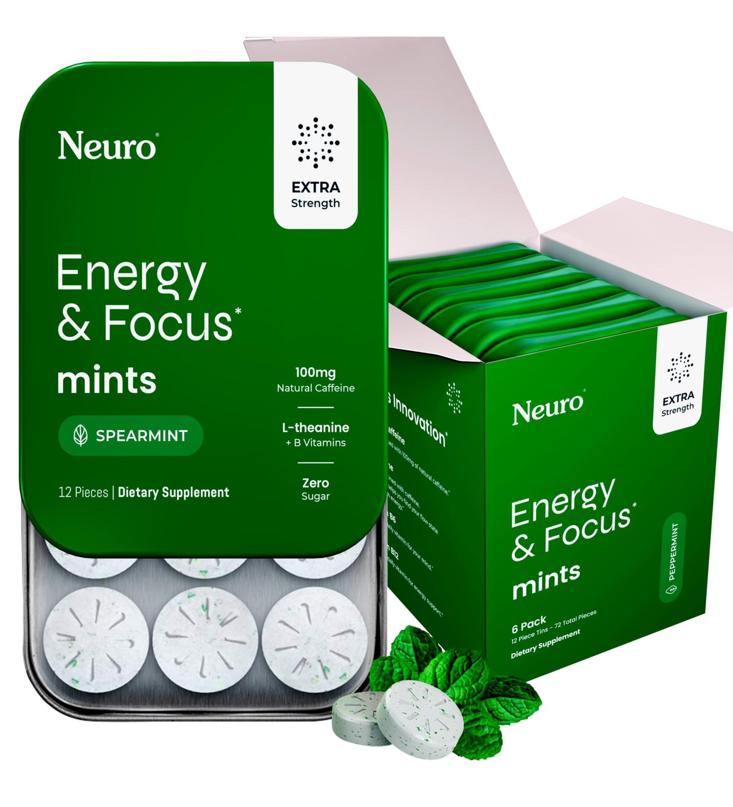 Neuro Energy & Focus Mints Extra Strength - Sugar Free Breath Mints with 100mg Natural Caffeine B Vitamins & L-Theanine - Vegan Brain Supplement for Exercise Study & Daily Focus - Spearmint 72 ct 12 Count (Pack of 6) Sp  - Buy Online on GoSupps.com