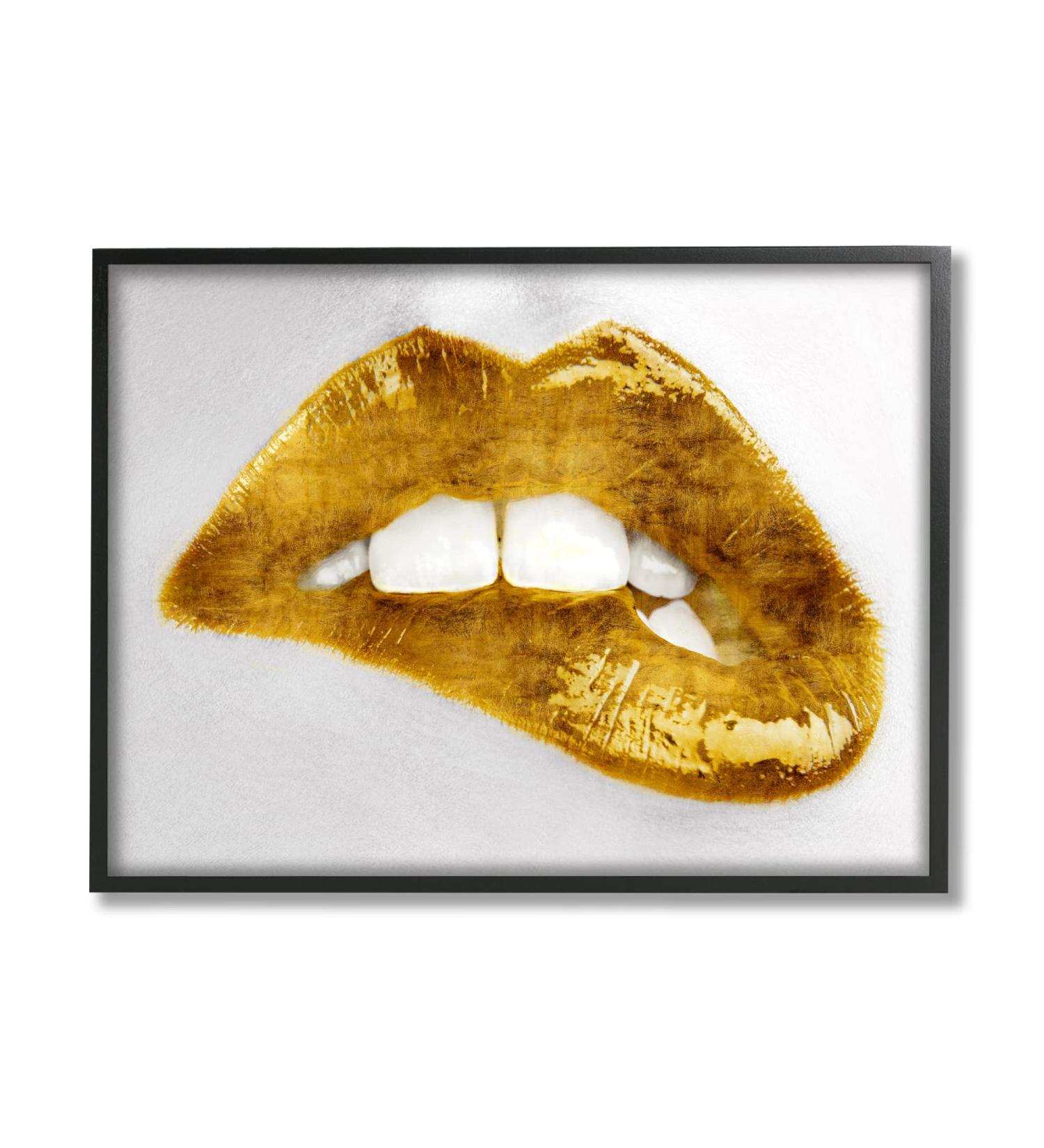 Stupell Industries Modern Yellow Fashion Lip Bite Glam Black Framed Wall Art by Sarah McGuire - 14x11 Silver - Buy Online on GoSupps.com