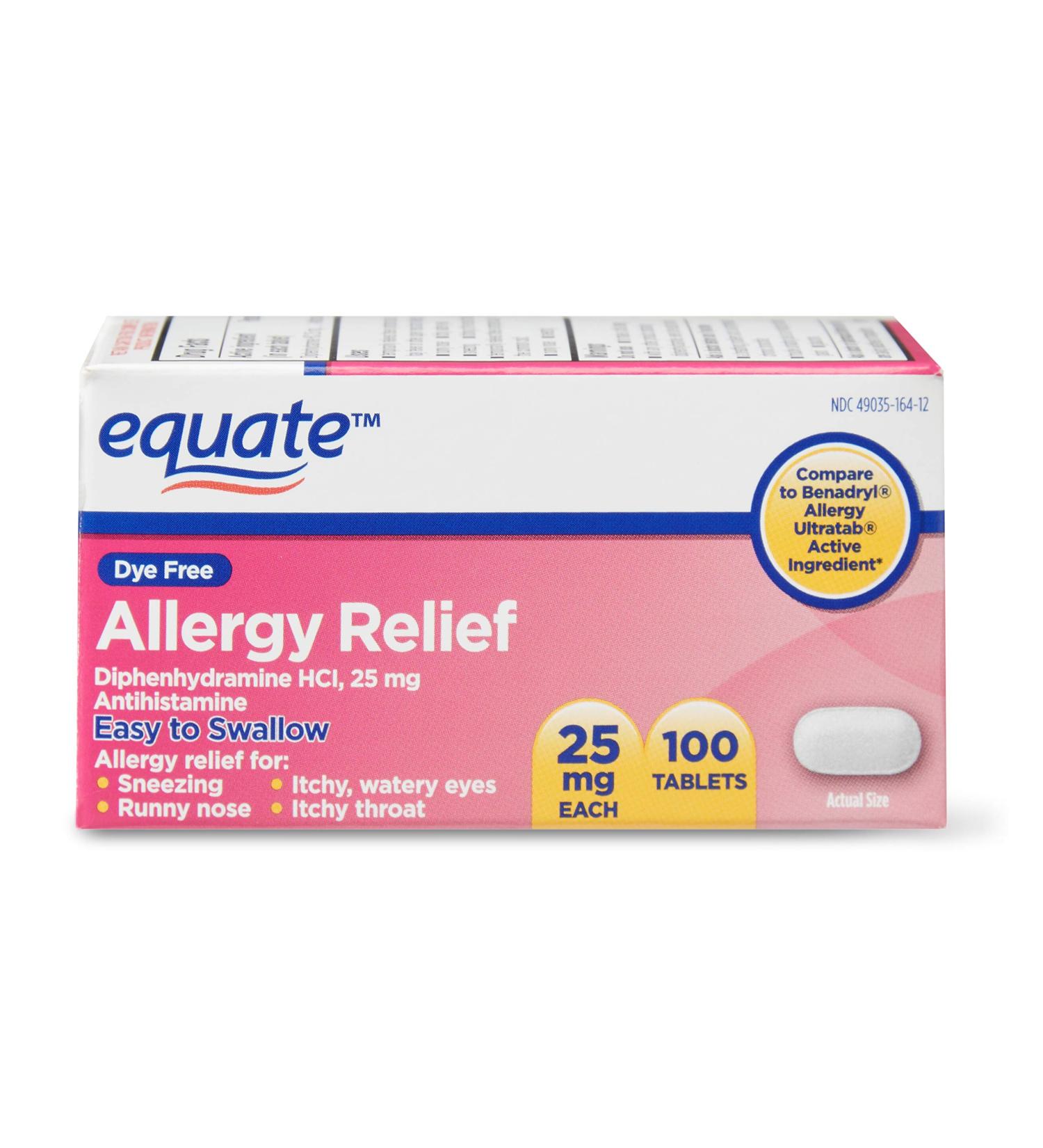 Equate Dye Free Allergy Relief Tablets | Diphenhydramine HCI 25mg | 100 Count - Buy Online on GoSupps.com