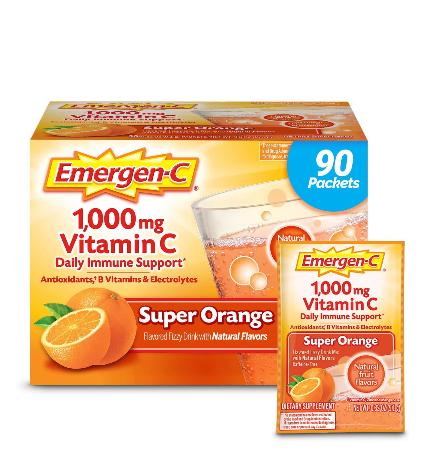 Emergen-C 1000mg Vitamin C Powder for Daily Immune Support Caffeine Free Vitamin C Supplements with Zinc and Manganese B Vitamins and Electrolytes Super Orange Flavor - 90 Count/3 Month Supply - Buy Online on GoSupps.com