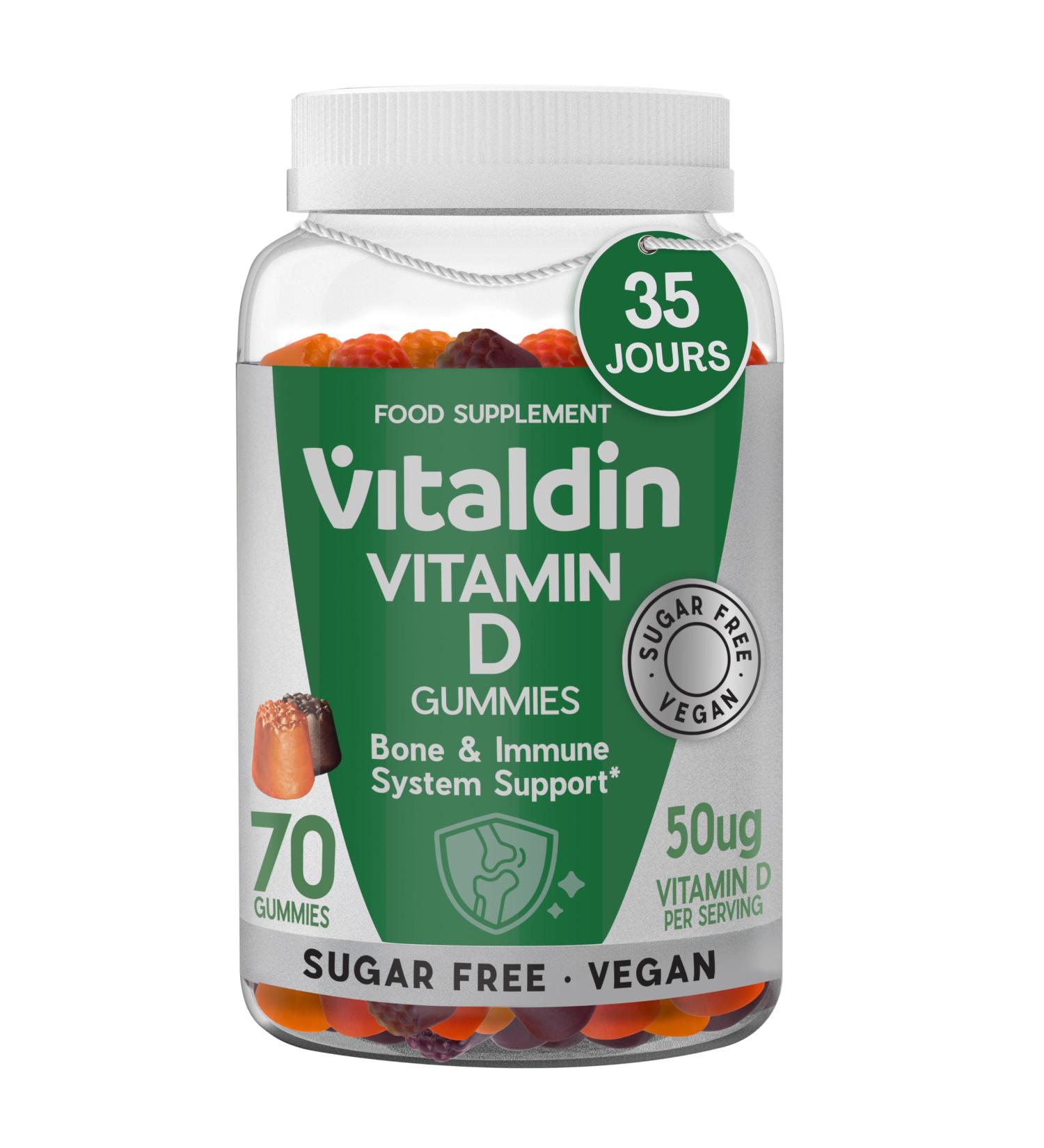 VITALDIN Vitamine D Gummies 2000 UI V ganes et Sans Sucre 70 Gummies Fruits Syst me immunitaire & os Aide l absorption du calcium Compl ment pour adultes et enfants 1 mois - Buy Online on GoSupps.com