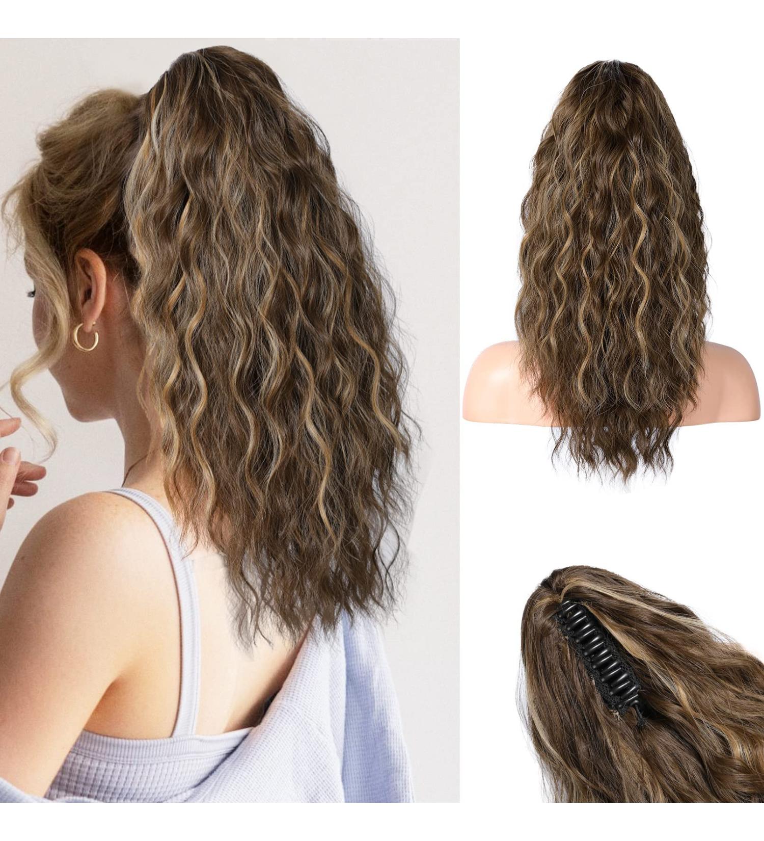 REECHO 18 Curly Wavy Ponytail Extension - Chocolate Brown with Blonde Highlights | Synthetic Clip-in Hairpiece for Women - Buy Online on GoSupps.com