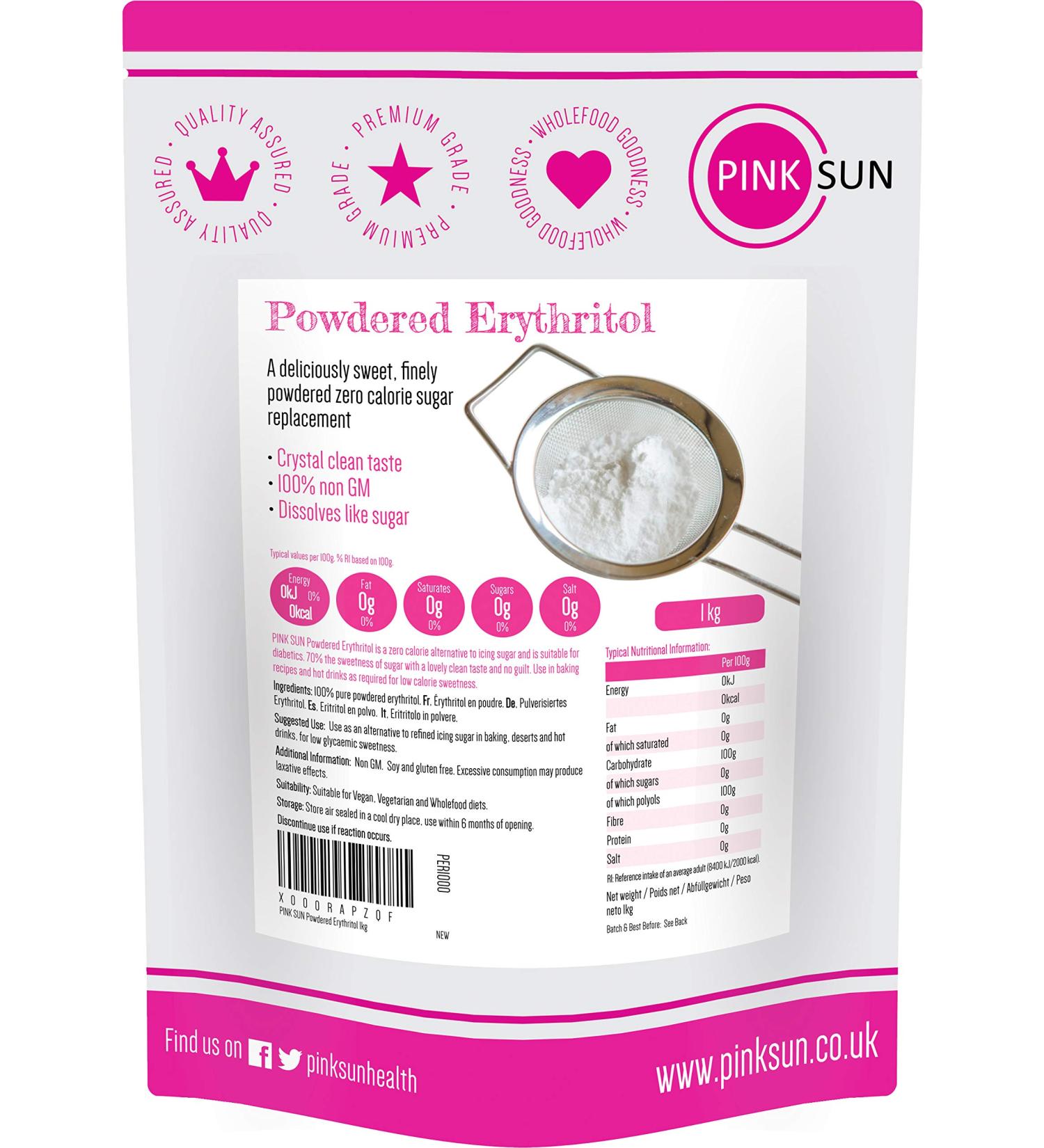 PINK SUN Erythritol Sweetener Powdered 1kg (or 2kg 3kg 5kg) Fine Powder Natural Icing Sugar Replacement Zero Calories Non GMO 1000G 1 kg (Pack of 1) - Buy Online on GoSupps.com