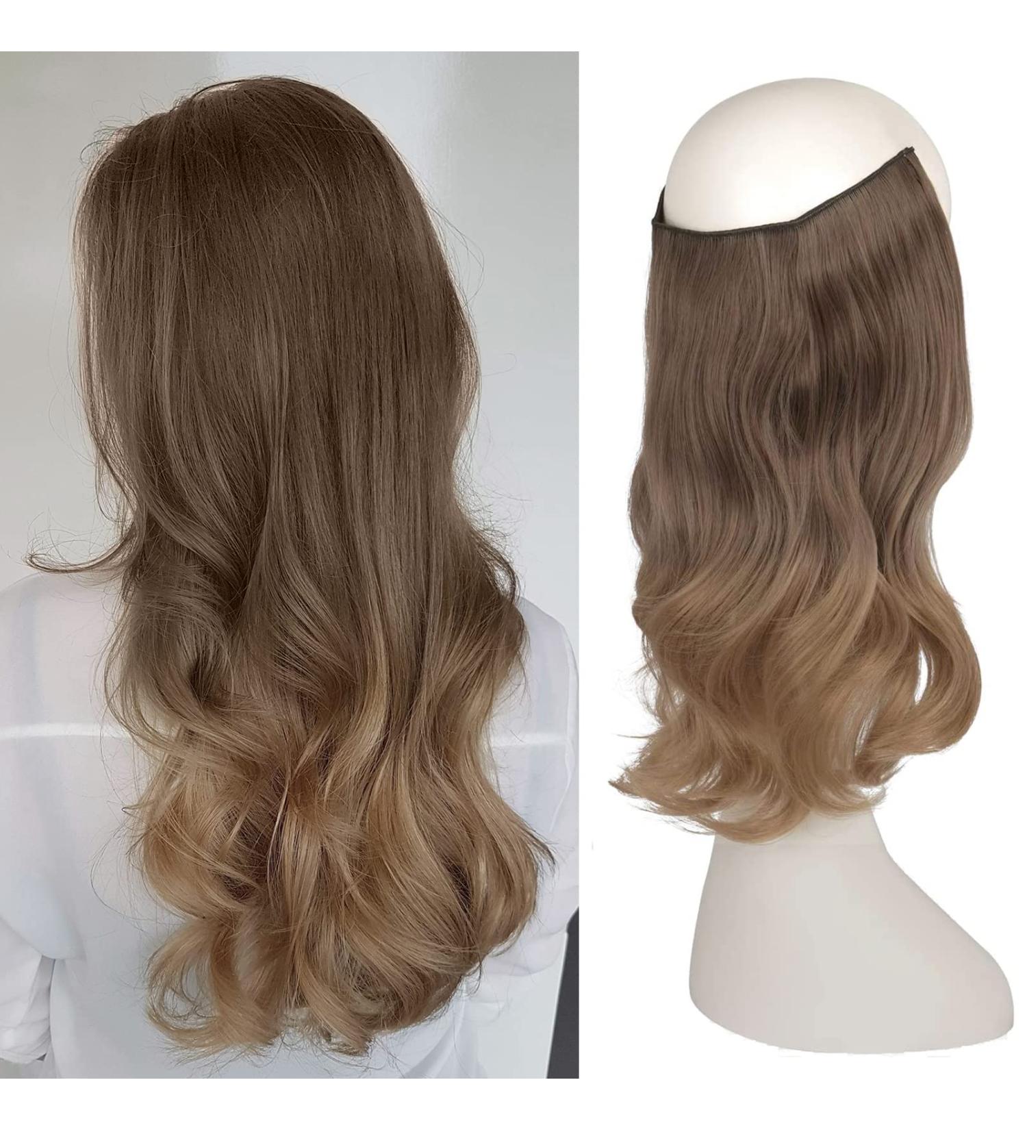 FESHFEN Invisible Wire Crown Hair Extension 14 Curly Wavy Ombre Golden Brown to Ash Brown - Synthetic Hairpiece for Women - Buy Online on GoSupps.com