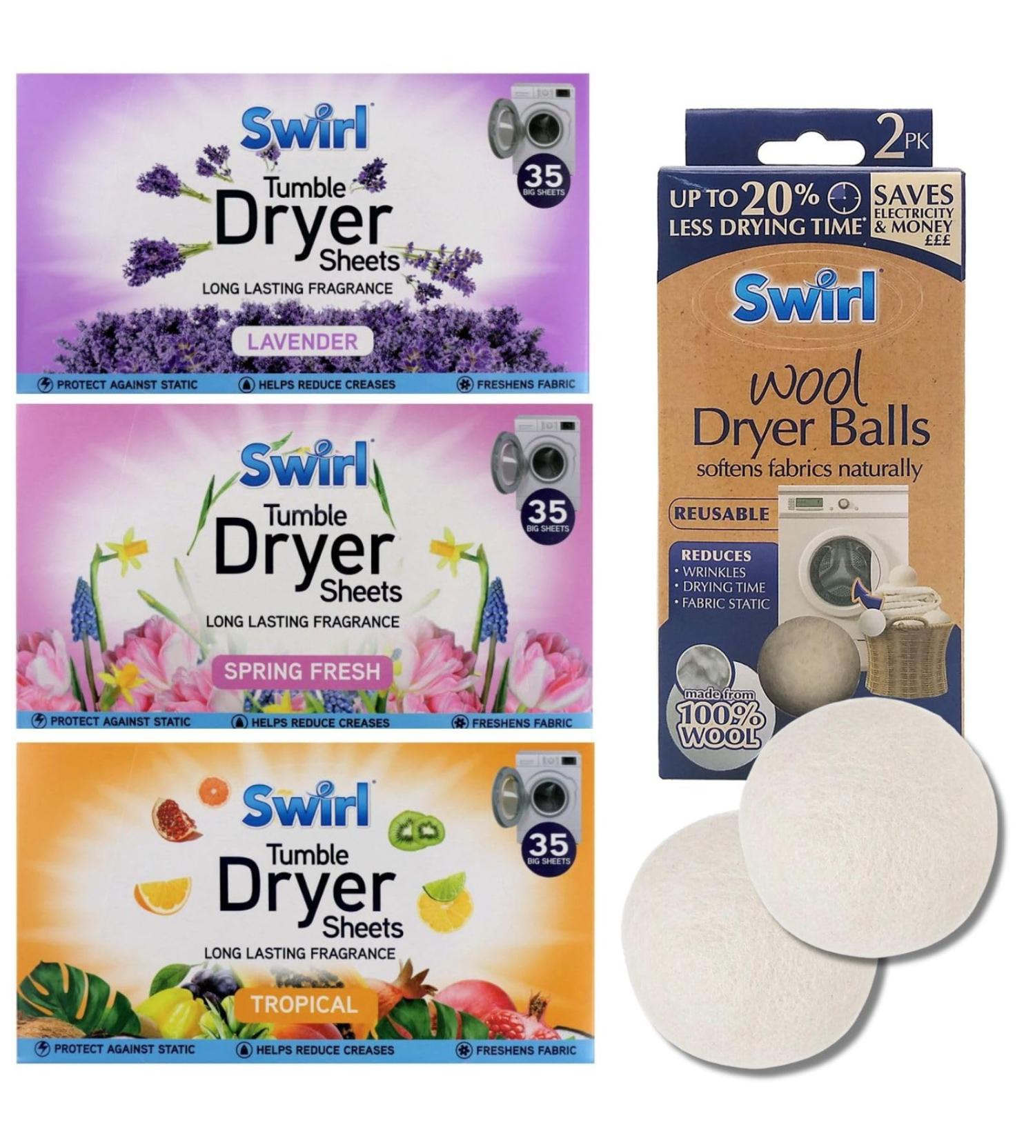 Swirl 3 pack Tumble Dryer Sheets - 35 Lavender - 35 Tropical - 35 Spring - Total 105 Sheets + 2 Wool Dryer Balls - All you need Kit - Buy Online on GoSupps.com