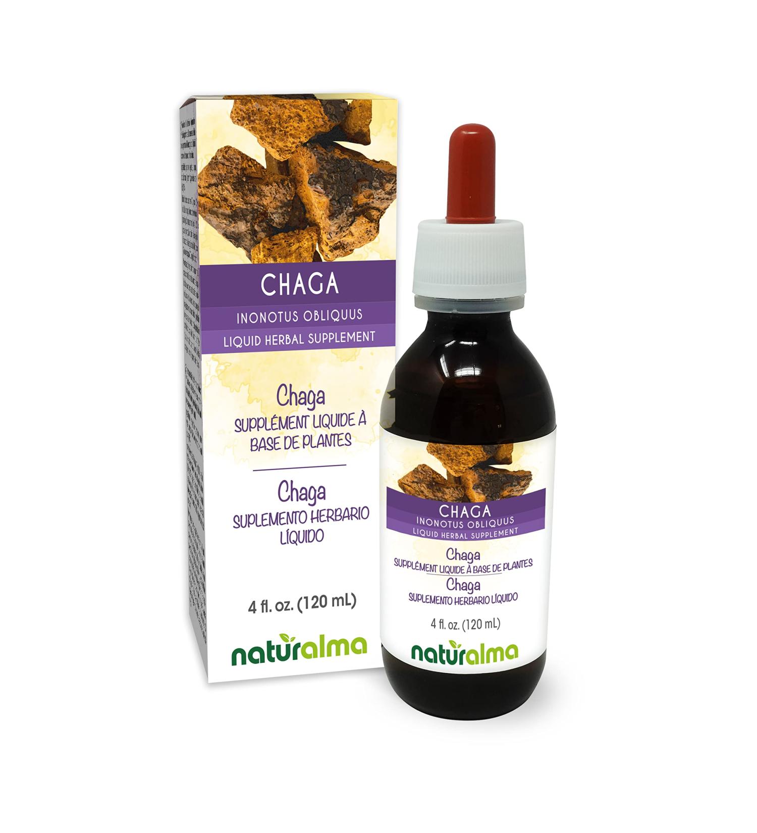 Naturalma Chaga (Inonotus obliquus) Fungus or Mushroom Alcohol-Free Tincture - 4 fl oz Liquid Extract in Drops - Herbal Supplement - Vegan Alcohol-free 4 Fl Oz (Pack of 1) - Buy Online on GoSupps.com