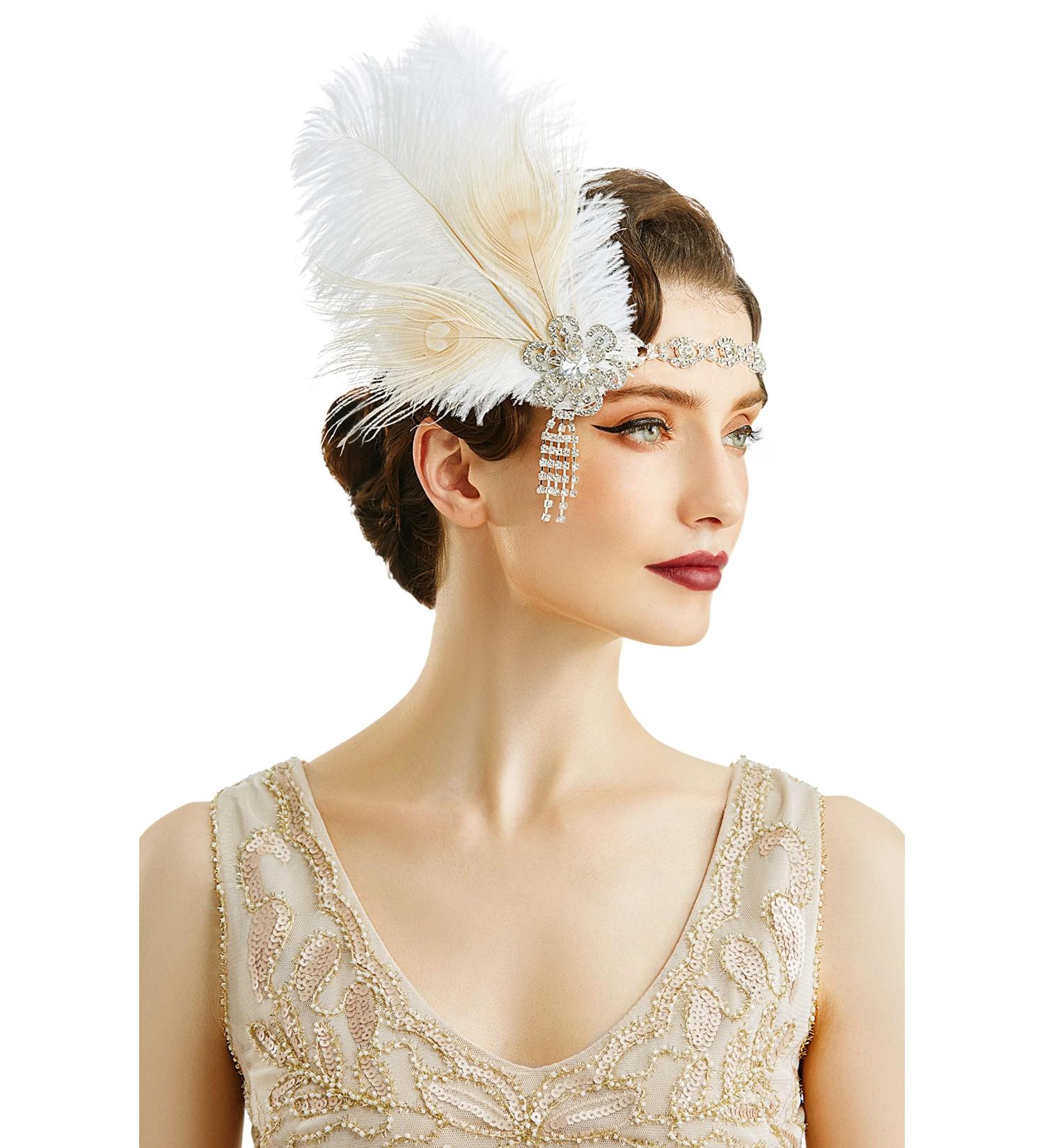 Shop BABEYOND 1920s Women s Gatsby Headband | Flapper Feather Hairband Accessories in White - Buy Online on GoSupps.com
