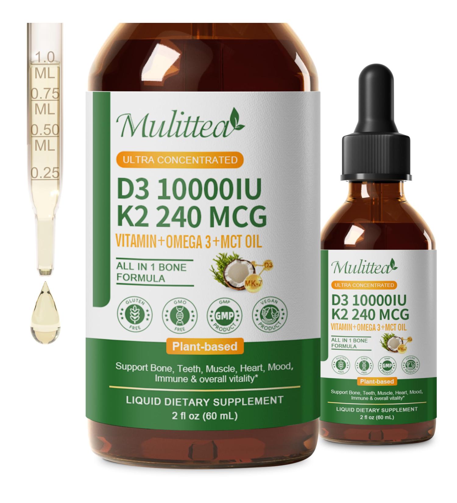 2 Pack Plant Vitamin D3 K2 Liquid 10000 IU w/ Vegan Omega-3 & Coconut MCT Oil - Maximum Strength Vitamin D Supplement No Fillers Non-GMO K2 as MK7 for Bones Muscles & High Absorption-2 Fl Oz 2 Fl Oz (Pack of 2) - Buy Online on GoSupps.com
