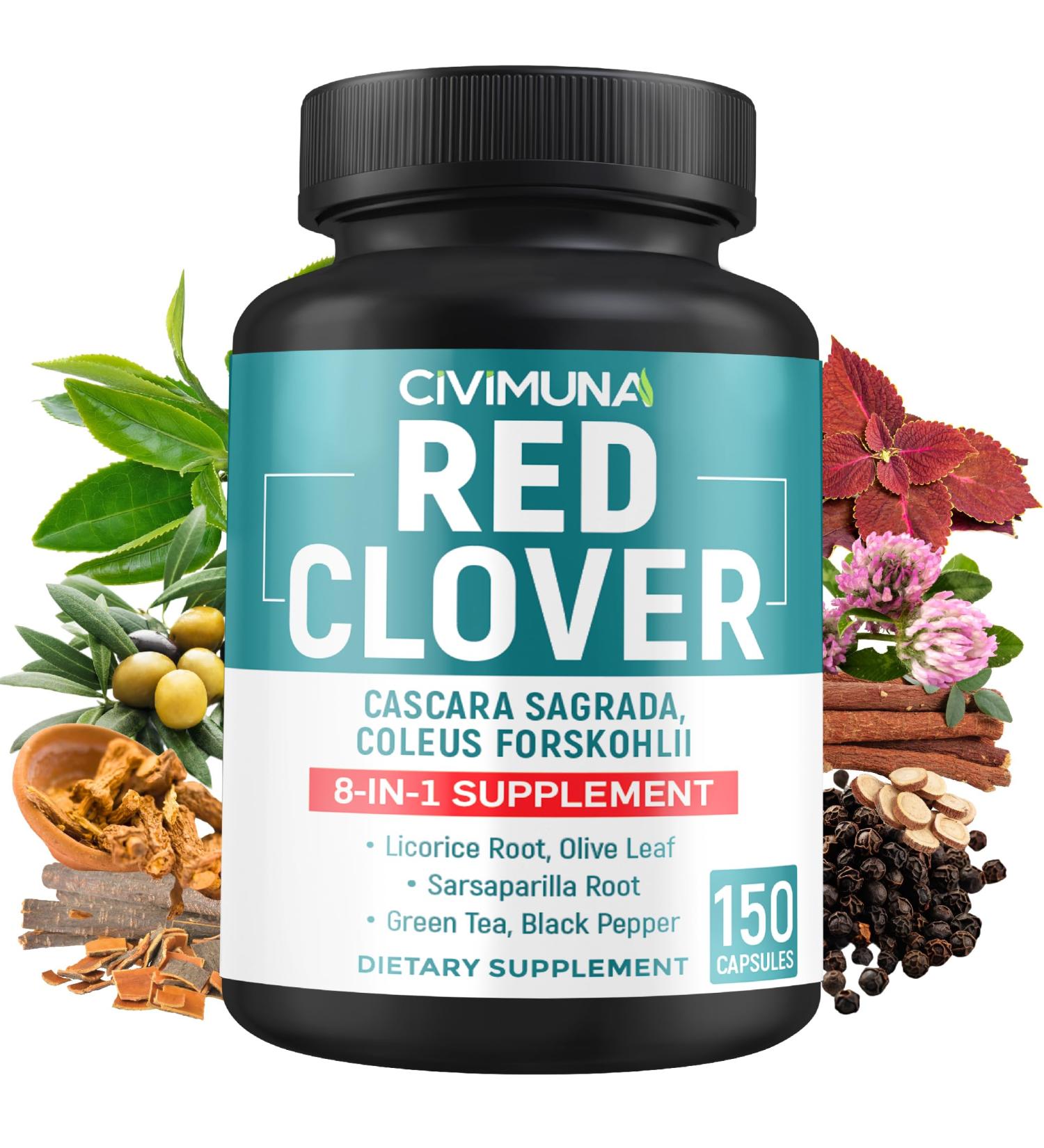 CIVIMUNA Red Clover Extract Capsules with Red Clover Cascara Sagrada Bark Coleus Forskohlii - 150 Capsules for 5 Months Supply - Buy Online on GoSupps.com