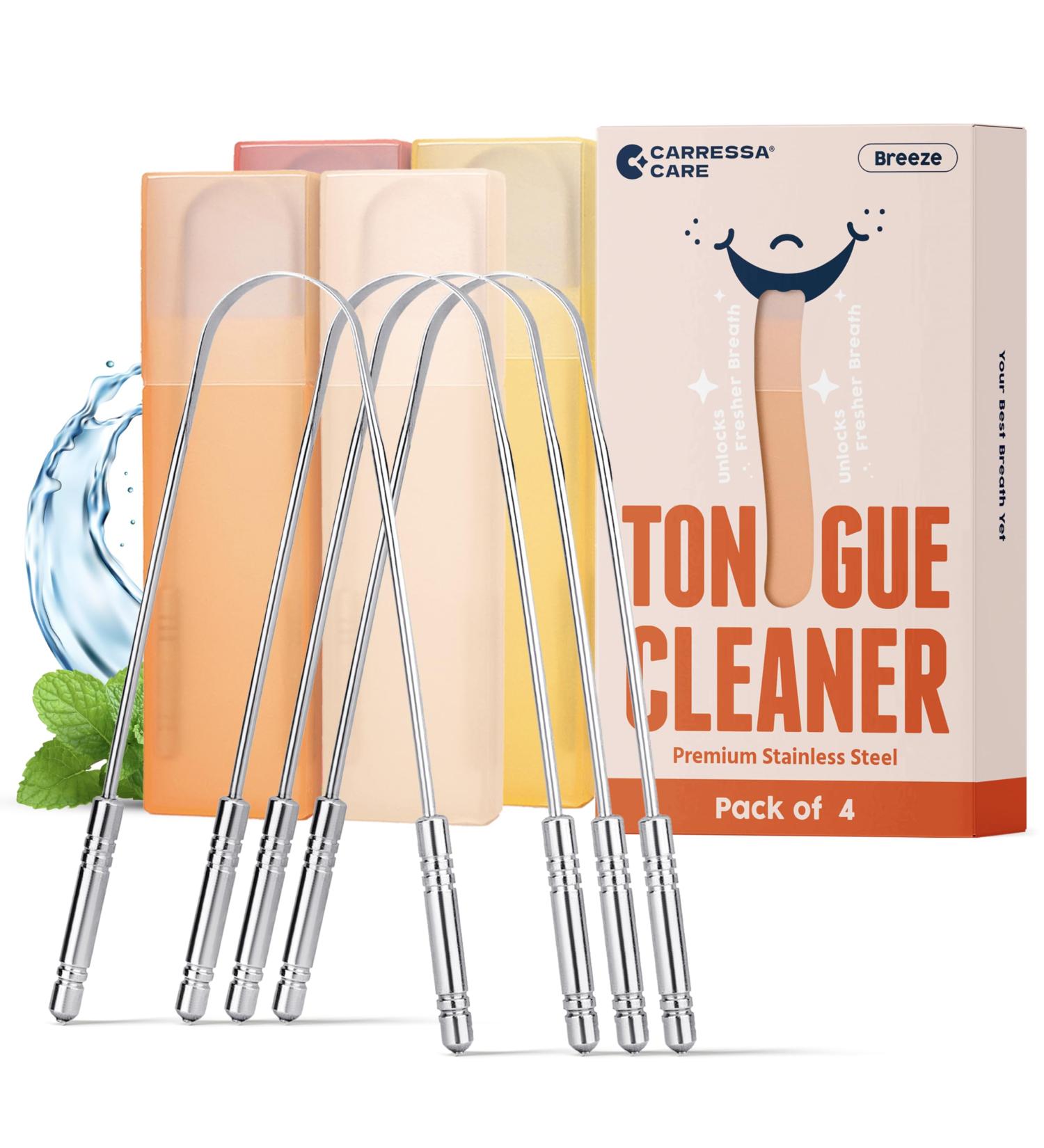 Buy Stainless Steel Tongue Scraper Pack of 4 with Travel Cases - Fresh Breath & Oral Hygiene Tool for Adults - 100% Durable & Easy to Carry - Buy Online on GoSupps.com