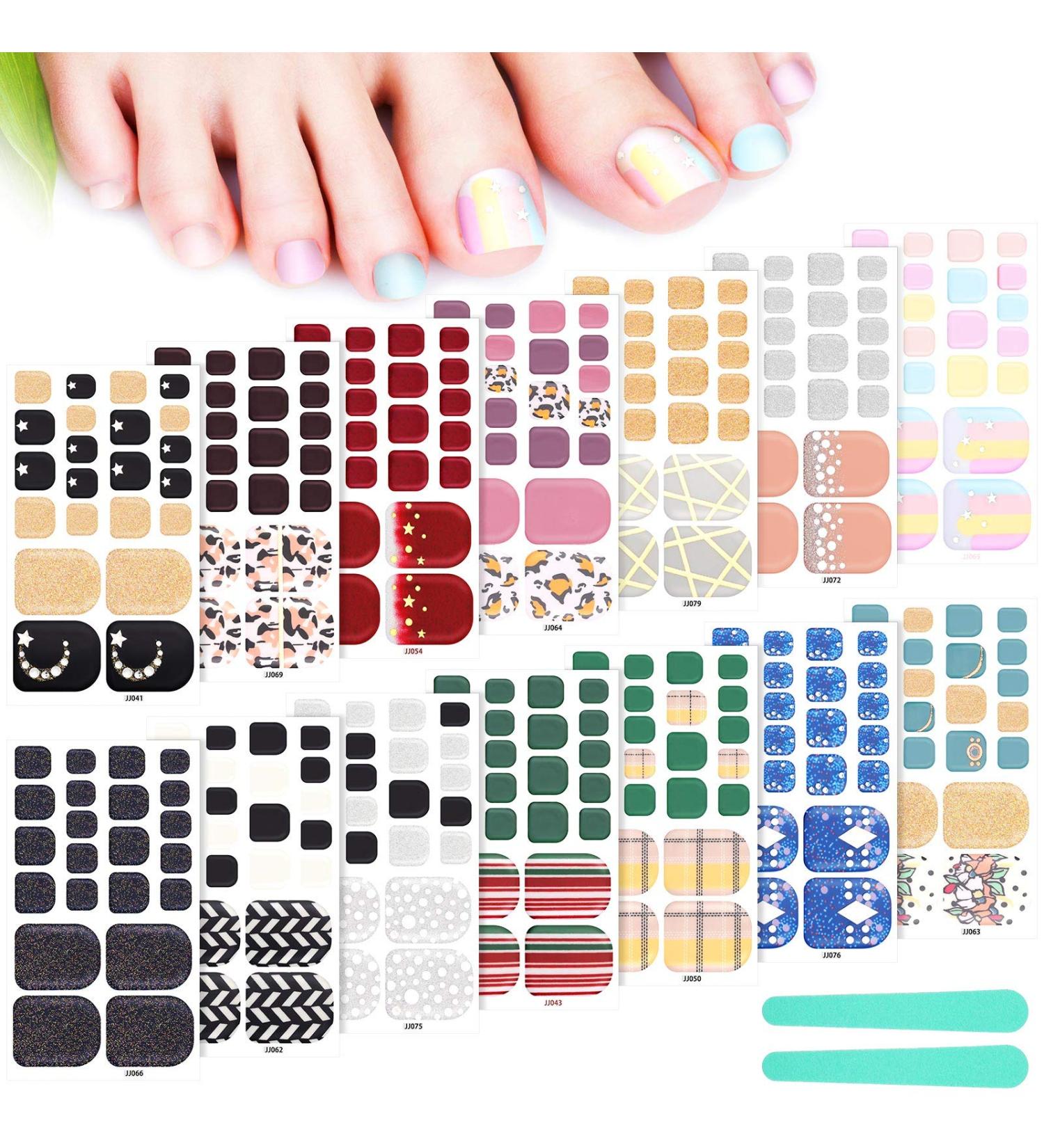 Retro Style Toenail Polish Stickers - 308 Pieces Full Toe Nail Wraps with Glitter - DIY Manicure Decal for Girls | Includes 14 Sheets and 2 Nail Files - Buy Online on GoSupps.com