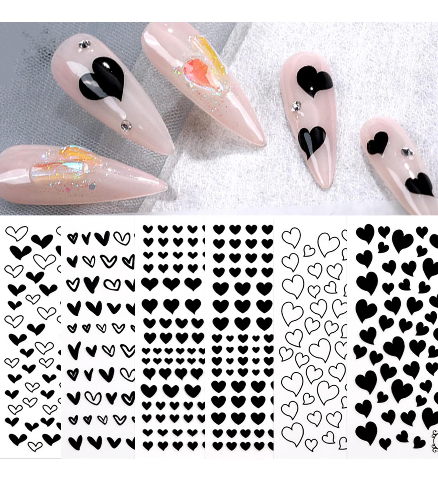 Black Hearts Nail Art Stickers - Self Adhesive Nail Decals for Women Girls & Kids | 6 Sheets for Stunning Nail Designs & Decorations - Buy Online on GoSupps.com