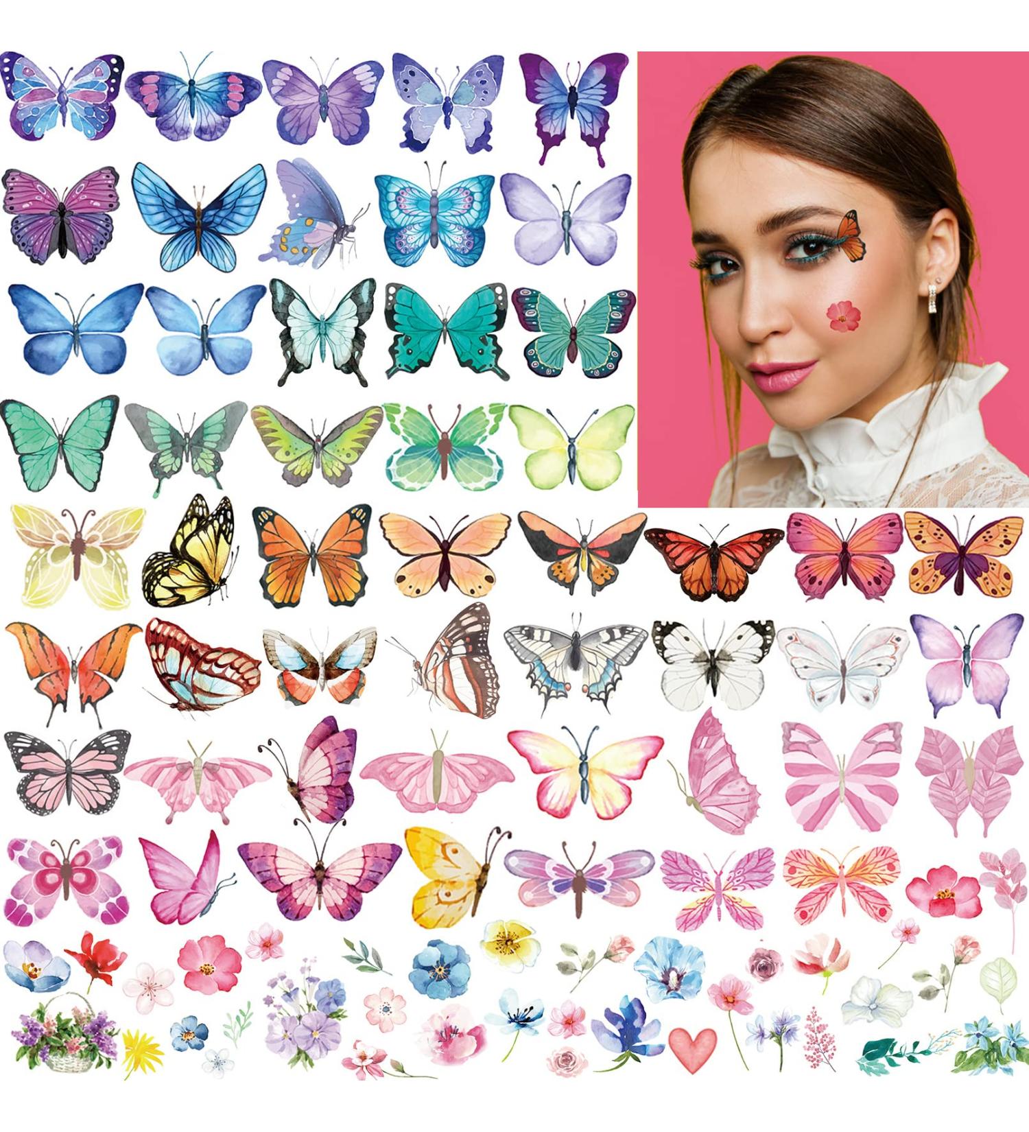 100Pcs Butterfly Temporary Tattoos for Kids & Women - Colorful Butterflies, Waterproof Art Stickers for Face, Body & Arm - Birthday Party Favors & Makeup Supplies - Buy Online on GoSupps.com