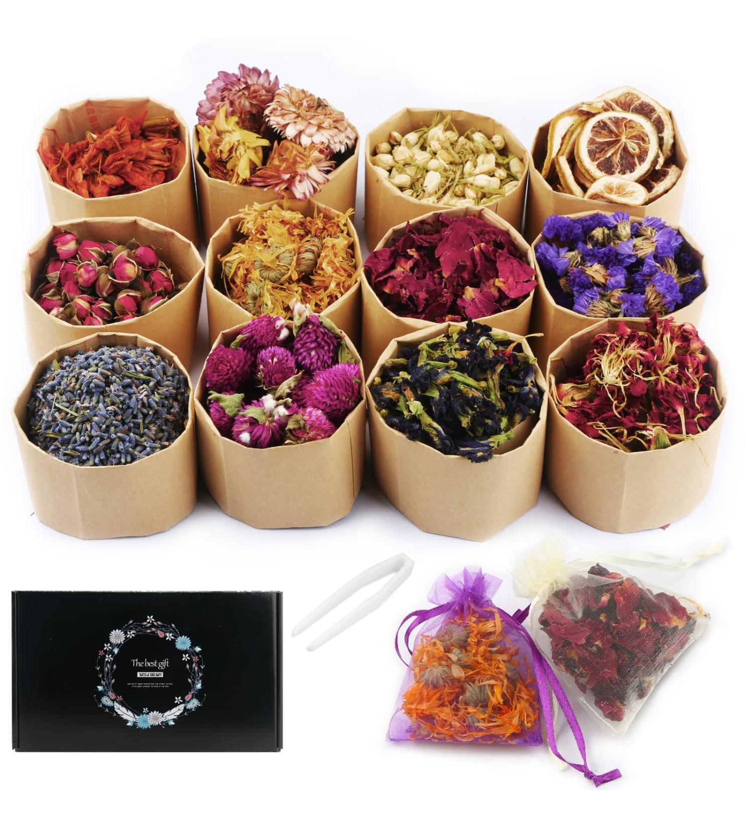 12 Bag Natural Dried Flowers Herbs Kit - Bulk Dry for Soap Making, DIY Candle, Resin Jewelry, Decor or Bath - Lavender, Rose Petals, Jasmine, Rosebuds, Lily, Lemon & More - Buy Online on GoSupps.com