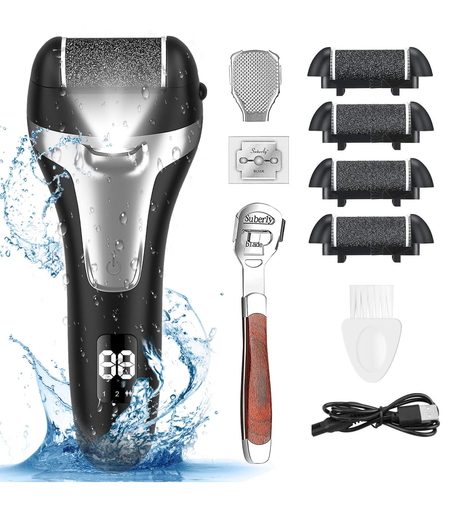 Rechargeable Electric Foot File Callus Remover Kit - 4 Roller Heads, LCD Display, 2 Speeds - Wet & Dry Pedicure Tool for Hard Skin, Cracked Heels, Dead Skin - Callus Shaver Included - Buy Online on GoSupps.com