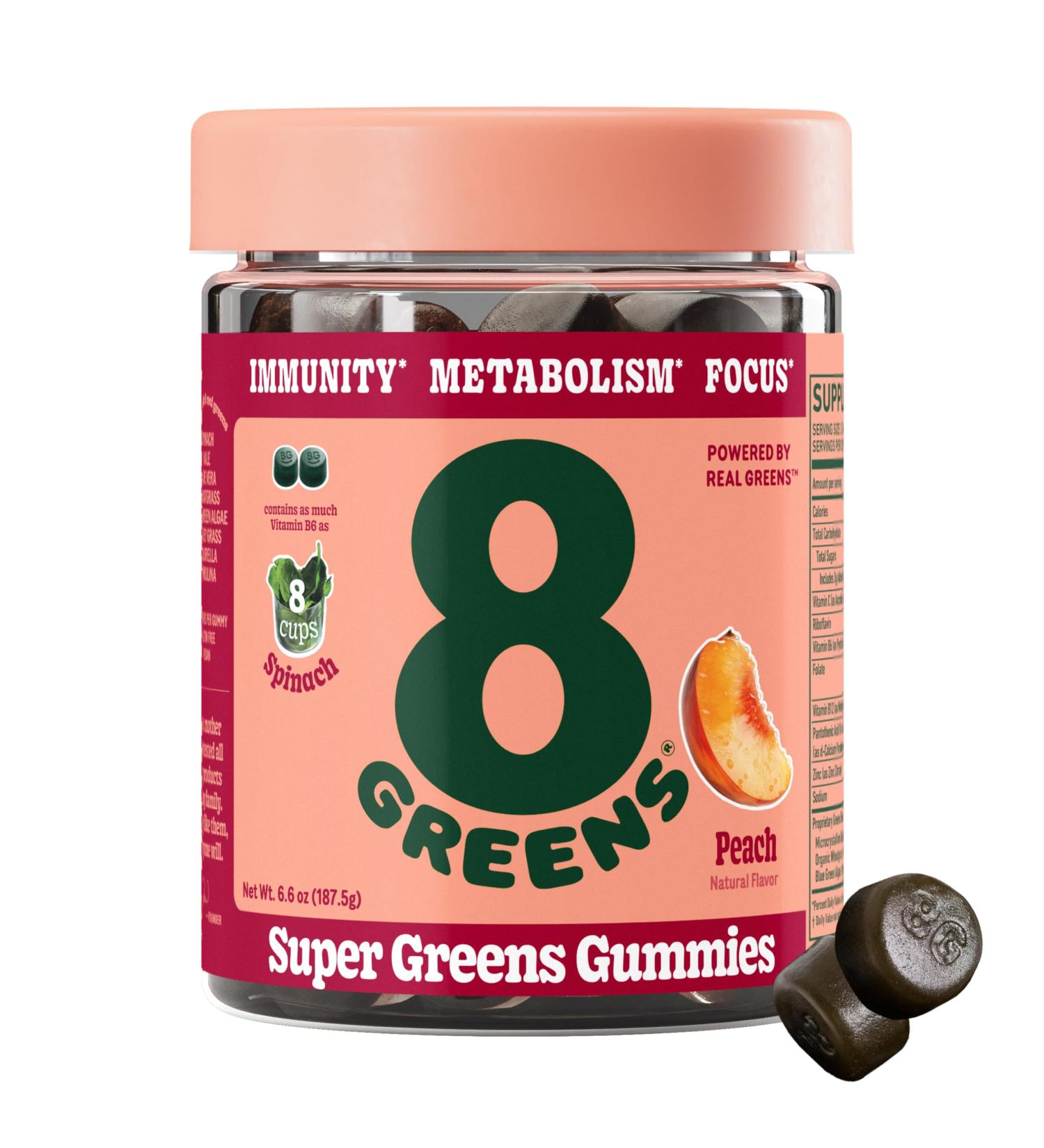 8Greens Supergreens Gummies | Super Greens Powder Superfood Gummy for Metabolism Immunity & Focus Digestive Health Enzymes Organic: Chlorella Spirulina Aloe Vera Peach Flavor 50 Count Peach 50 Count (Pack of 1) - Buy Online on GoSupps.com