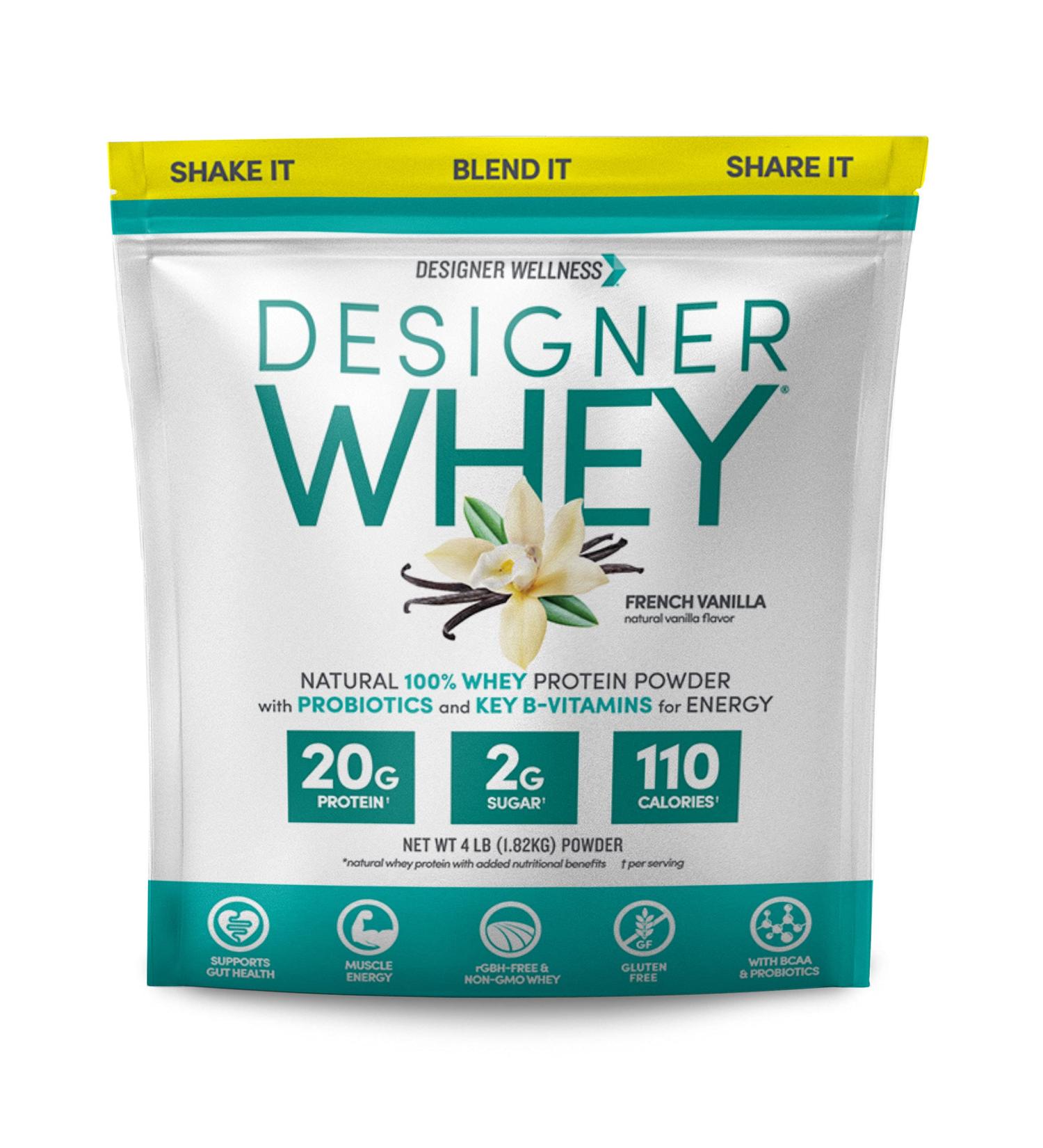 Designer Whey Natural 100% Whey Protein Powder - Probiotics & Fiber, Gluten-Free, Non-GMO, French Vanilla - 4 lb - Buy Online on GoSupps.com