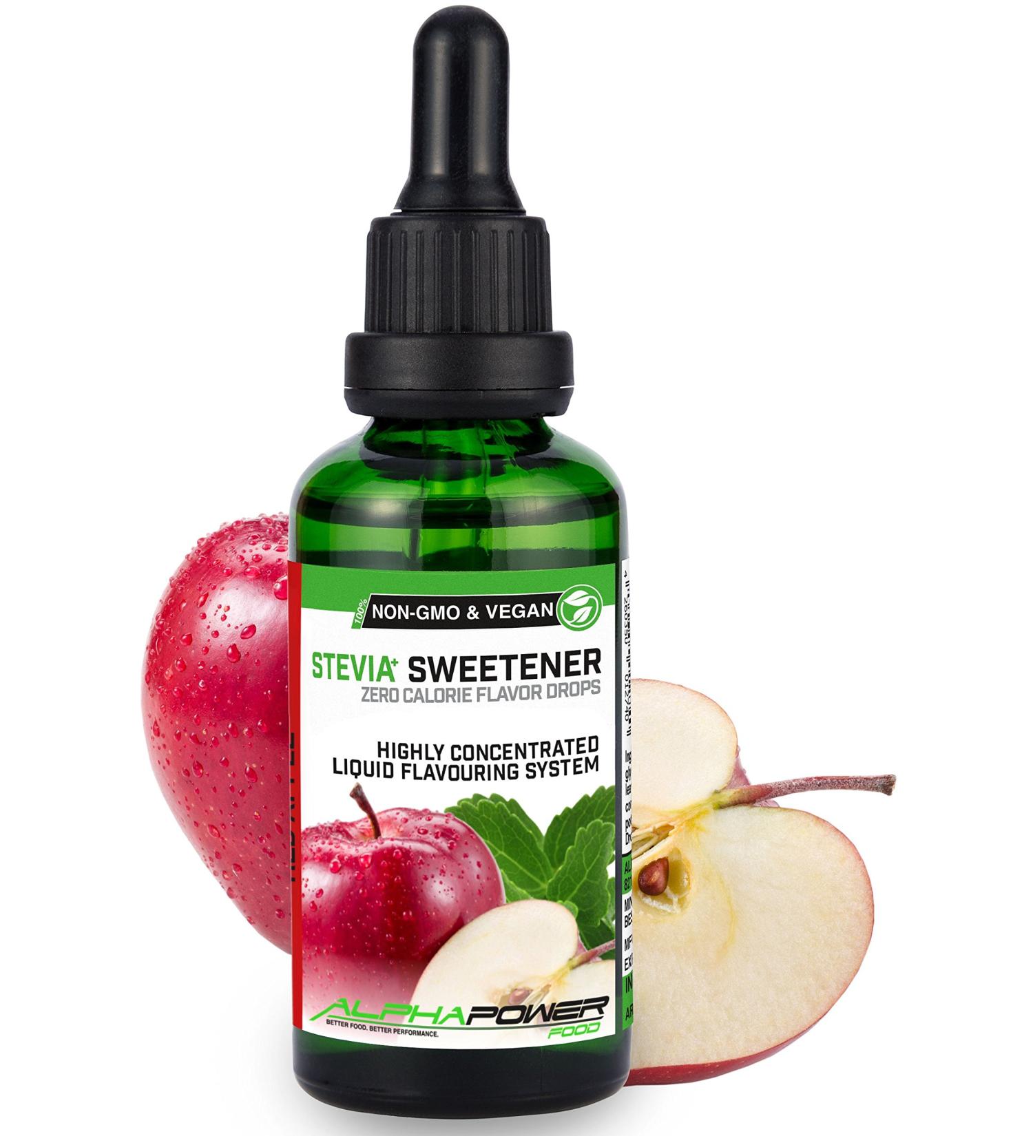 Alphapower Food Stevia Flavor Drops | Sugar-Free Apple Juice Spritzer | 100% Natural Liquid Aroma & Sweetener | 50ml for Water Muesli & Desserts - Buy Online on GoSupps.com