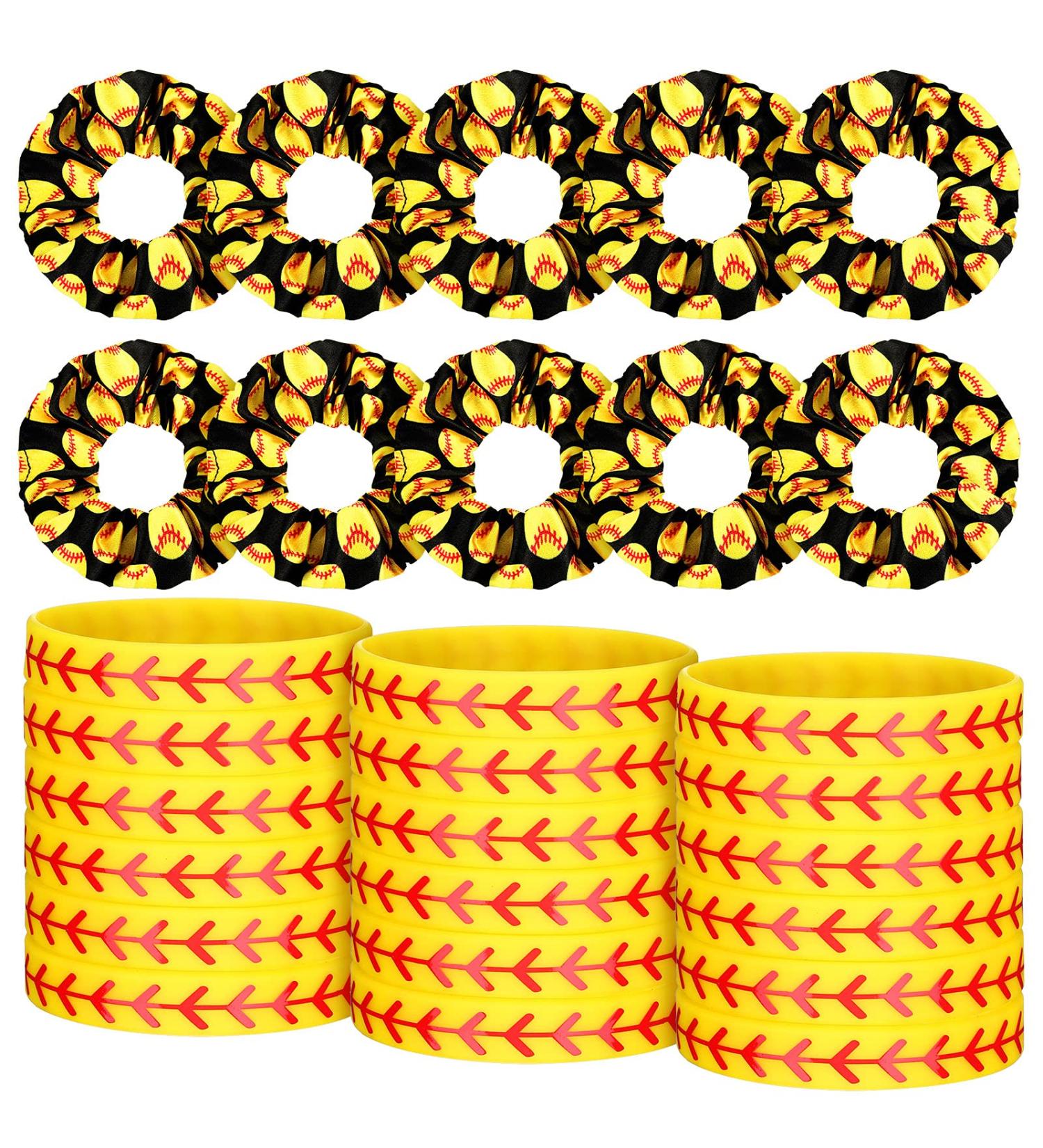 10 Pcs Sport Hair Scrunchies & Silicone Bracelet Set (Softball Pattern) - Buy Online on GoSupps.com