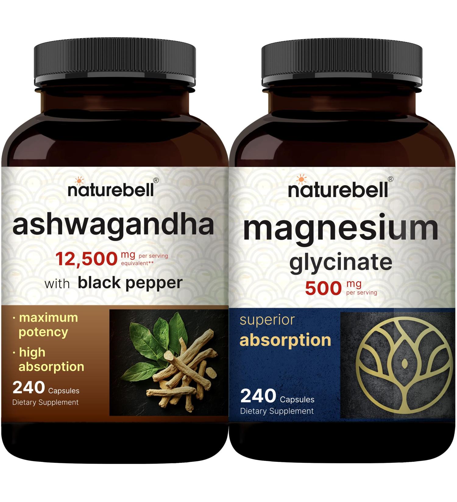 NatureBell Magnesium Glycinate Capsules 500mg & Ashwagandha 12,500 mg Equivalent with Black Pepper Bundle Pack | Chelated & Purified Mineral | Adaptogens Supplements for Relaxation - Buy Online on GoSupps.com