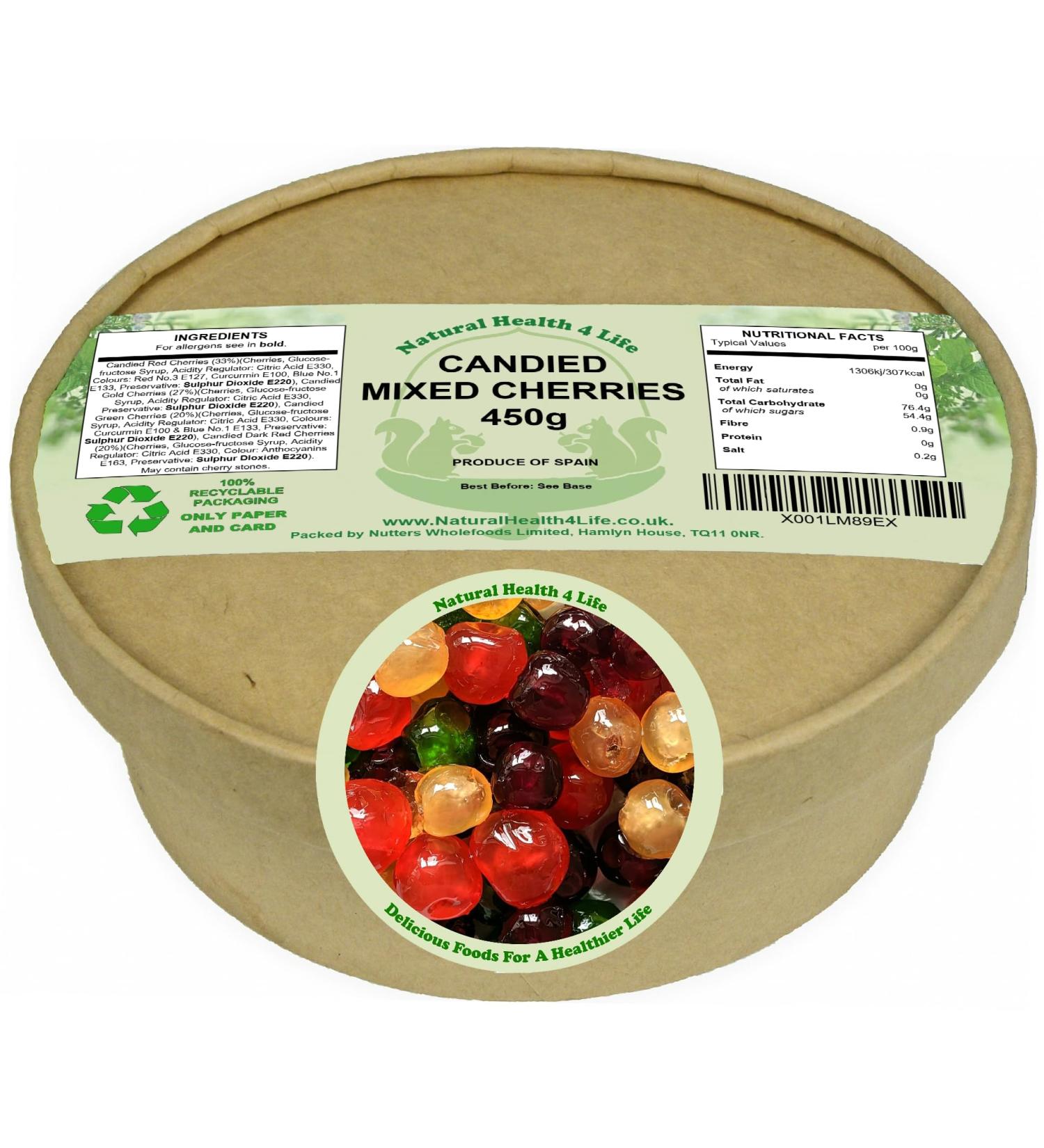 Natural Health 4 Life Cake Baking Ingredients Candied Mixed Colour (Dark Red Red Green and Gold) Glace Cherries 450 g in Recyclable Tub (1 Tub) - Buy Online on GoSupps.com