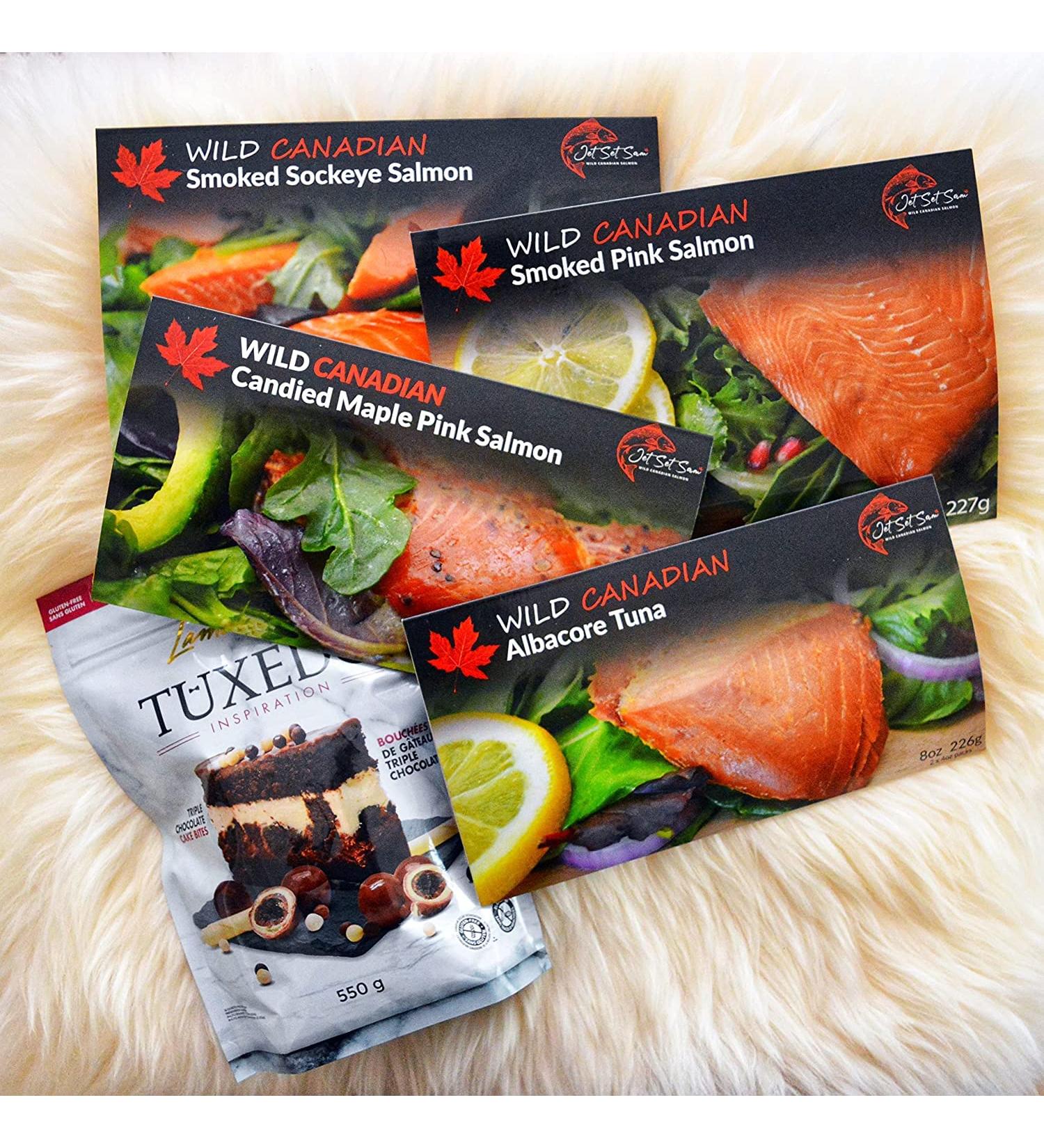 Smoked Salmon Christmas Food Gift Pack Featuring Wild Canadian Salmon and Luxurious Tuxedo Chocolates | Food Gift Box (Add 8 oz Wild Smoked Tuna) - Buy Online on GoSupps.com