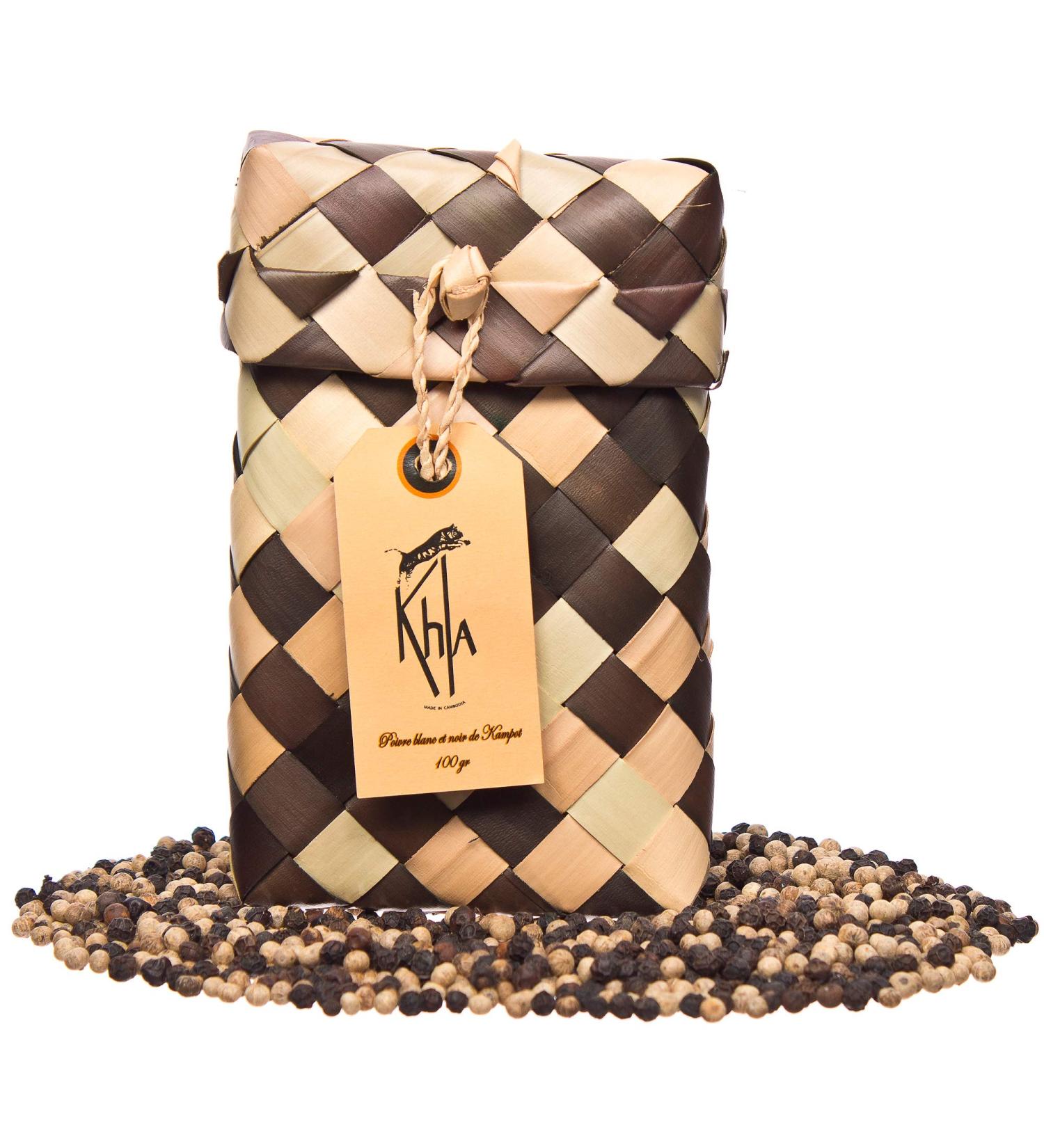 KHLA - Premium Black and White Kampot Pepper Mix IGP - 100g - Pepper Grains in Bag - From Organic Farming - Traditional Palm Leaf Packaging - Buy Online on GoSupps.com