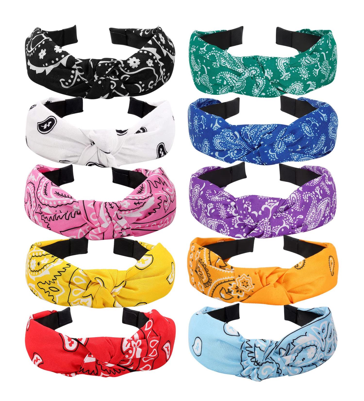 Ondder 10 Pack Bandana Headbands for Women - Non Slip Turban Paisley Design - Wide Knotted Top Knot Hairbands - Buy Online on GoSupps.com