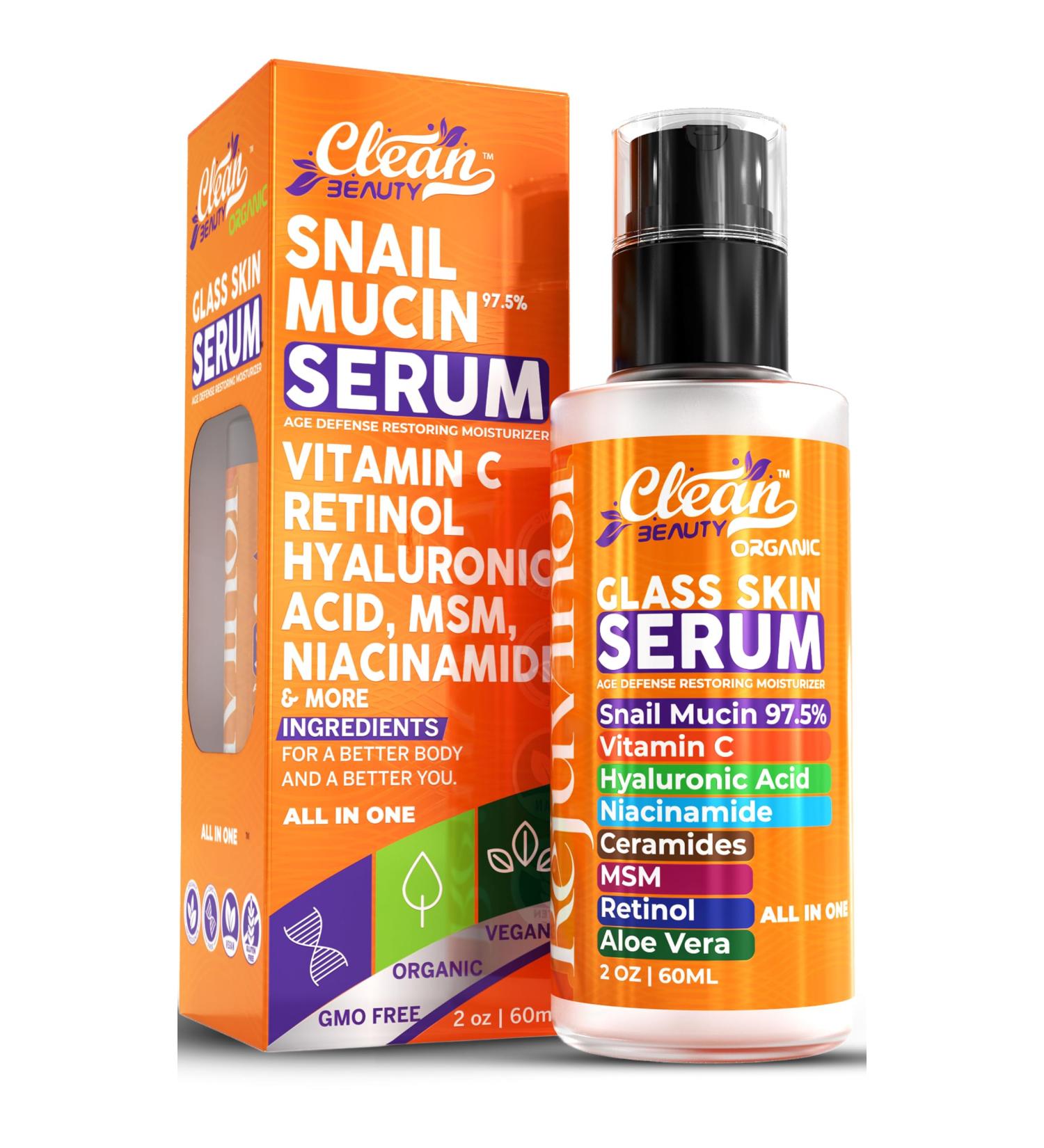 Clean Beauty Snail Mucin Serum Vitamin C Face Serum Anti Aging with Hyaluronic Acid Niacinamide Retinol MSM Aloe Vera & Ceramides Korean Skin Care Dark Spot Remover for Glowing Skin Beauty Pack of 1 2 Fl Oz (Pack of 1) - Buy Online on GoSupps.com
