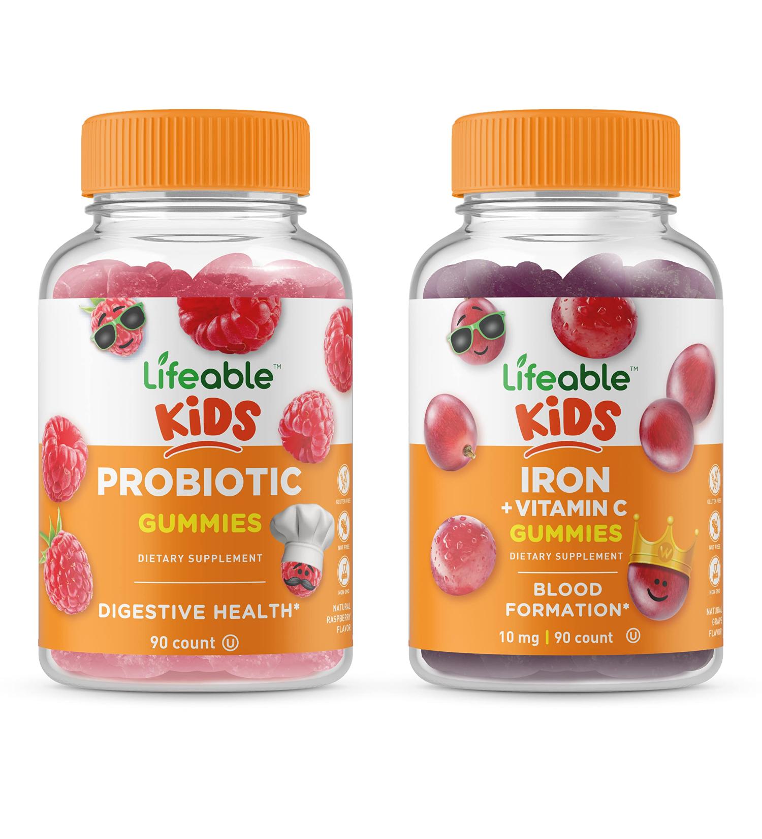 Lifeable Probiotic 2 Billion CFU Kids + Iron & Vitamin C Kids Gummies Bundle - Great Tasting Vitamin Supplement Gluten Free GMO Free Chewable Gummy - Buy Online on GoSupps.com