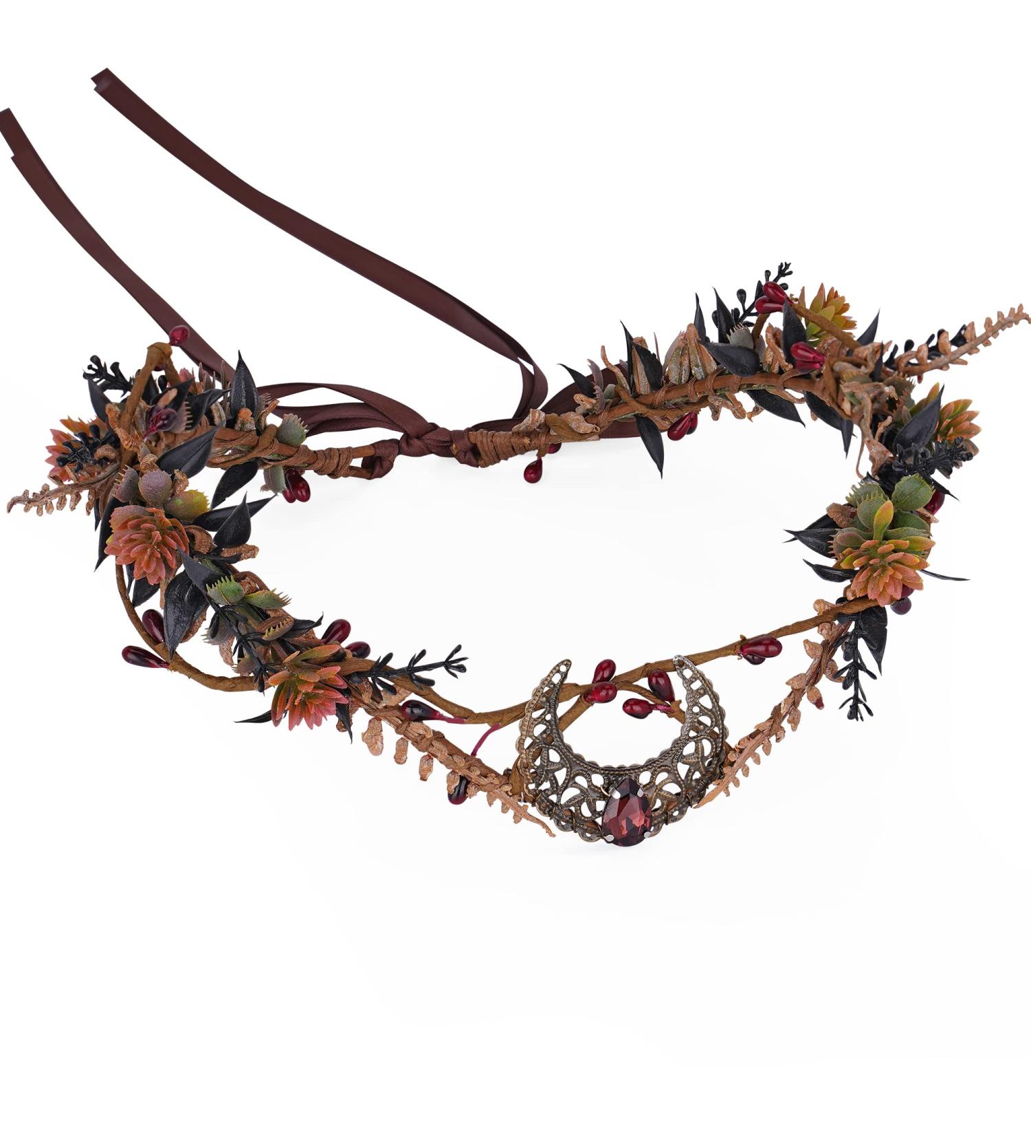 MOSTORY Handmade Moon Flower Crown Headpiece Burgundy Floral Elf Circlet Woodland Forest Headband for Witch Devil Queen Carnival Renaissance Fest Halloween Cosplay Prom Wedding Red - Buy Online on GoSupps.com