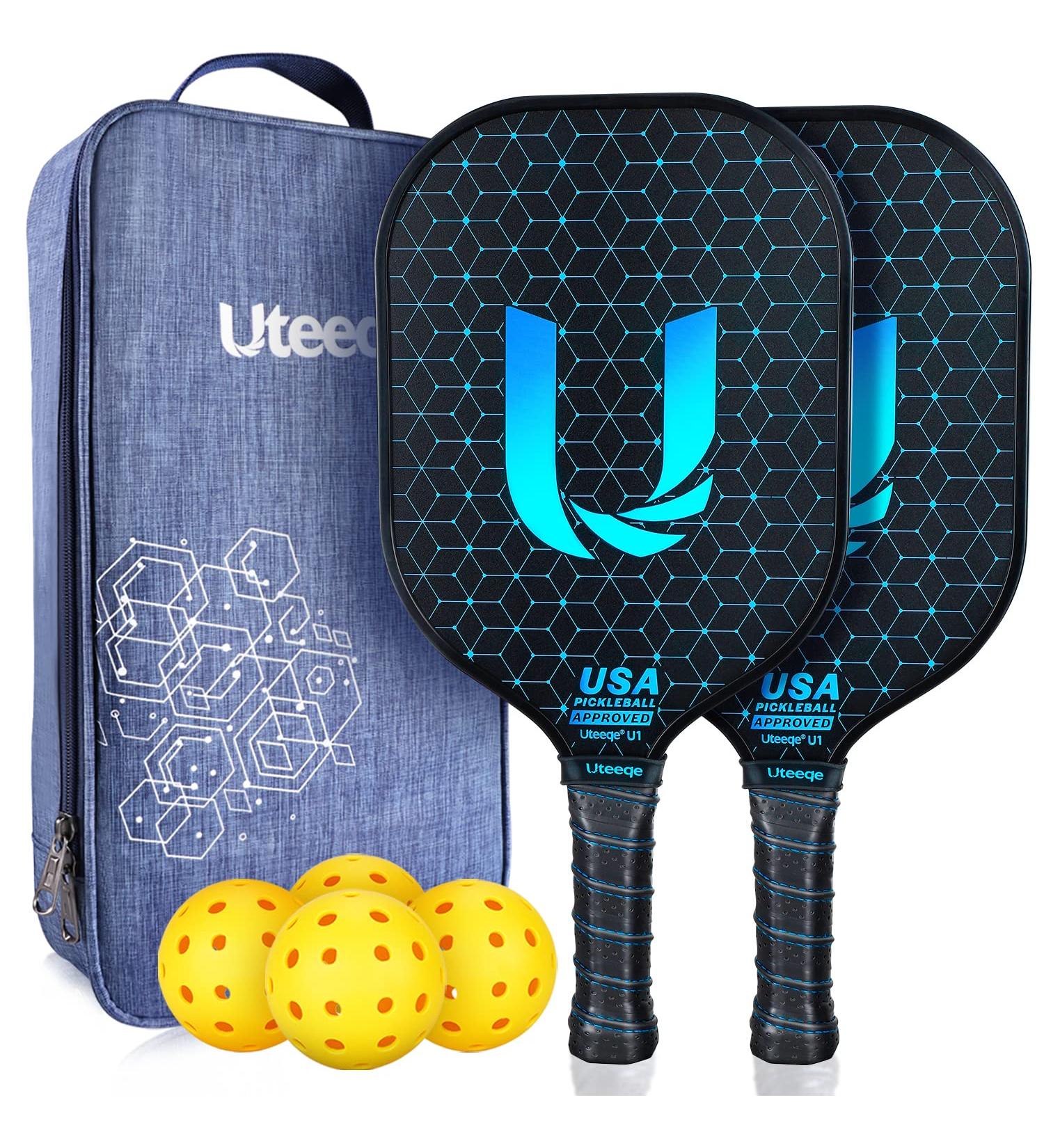 Uteeqe Pickleball Paddles Set of 2 - Graphite Surface for High Spin - USAPA Approved, Lightweight Polymer Honeycomb, Non-Slip Grip - Includes 4 Outdoor Balls & Bag | Blue - Buy Online on GoSupps.com