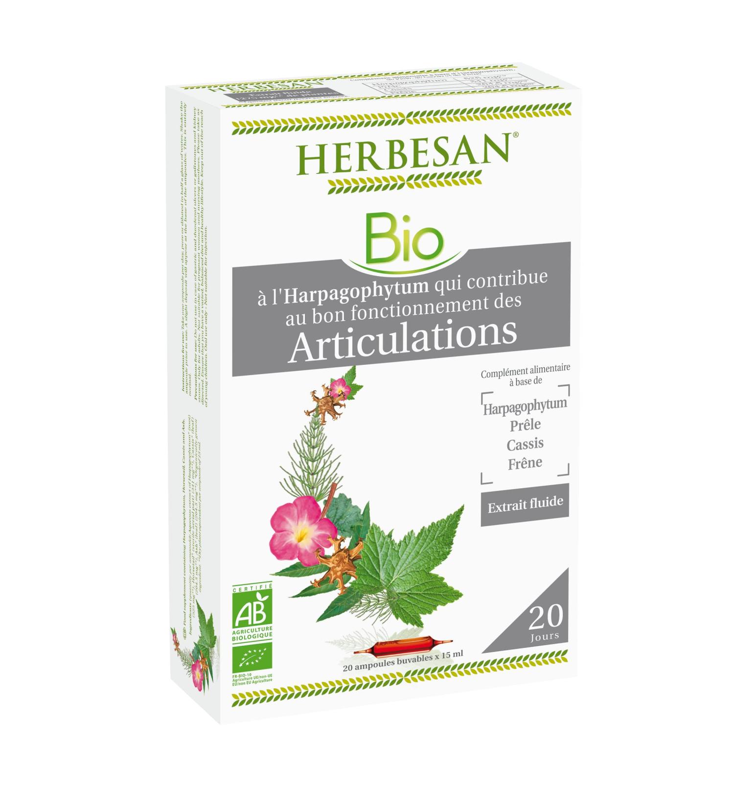 HERBESAN - ORGANIC JOINT COMPLEX -Harpagophytum Horsetail Blackcurrant Ash -Made in France - 20 ampoules of 15 ml