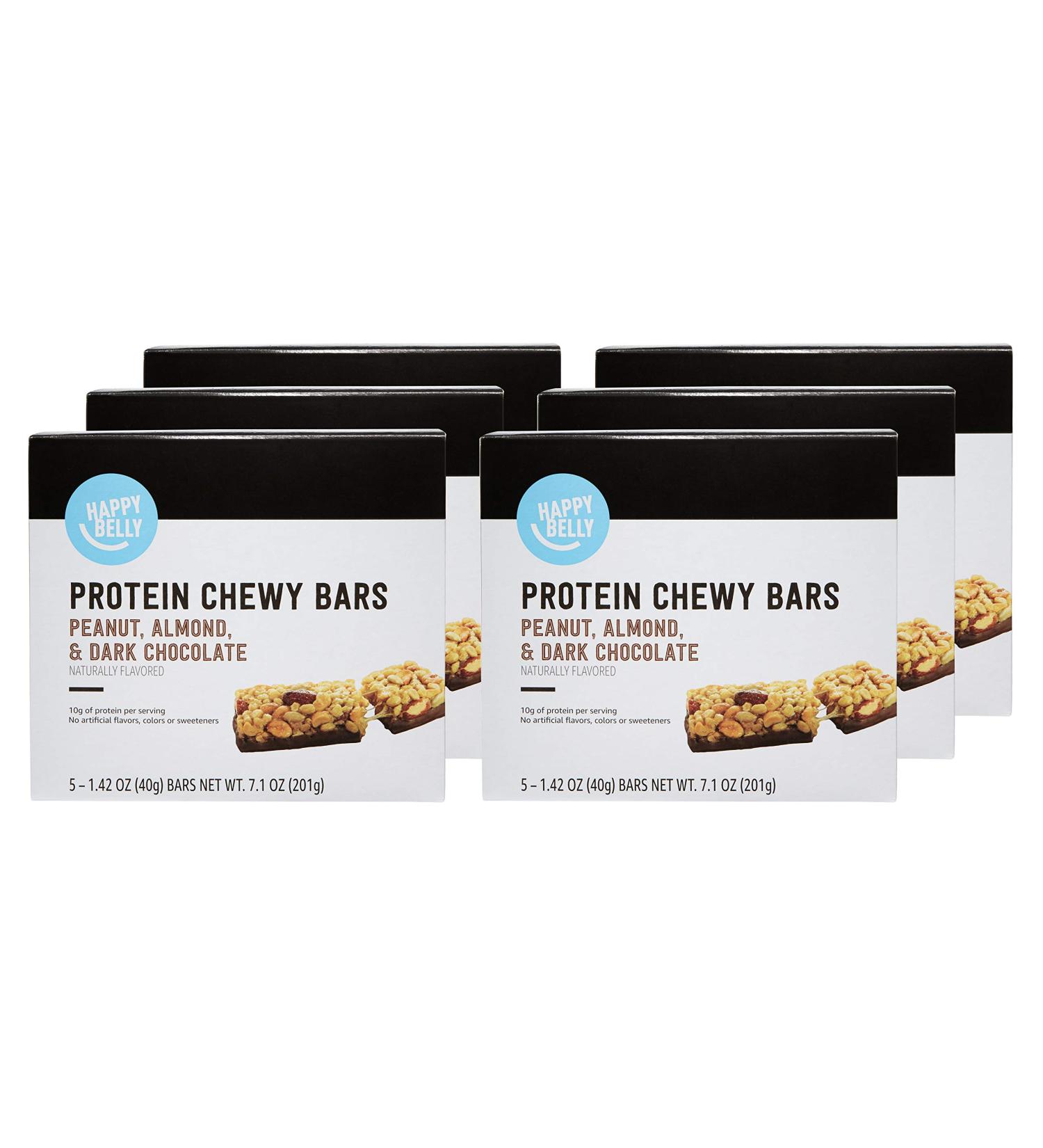 Happy Belly Protein Chewy Bars - Peanut, Almond, Dark Chocolate - 5 Count x 6 Pack - Buy Online on GoSupps.com