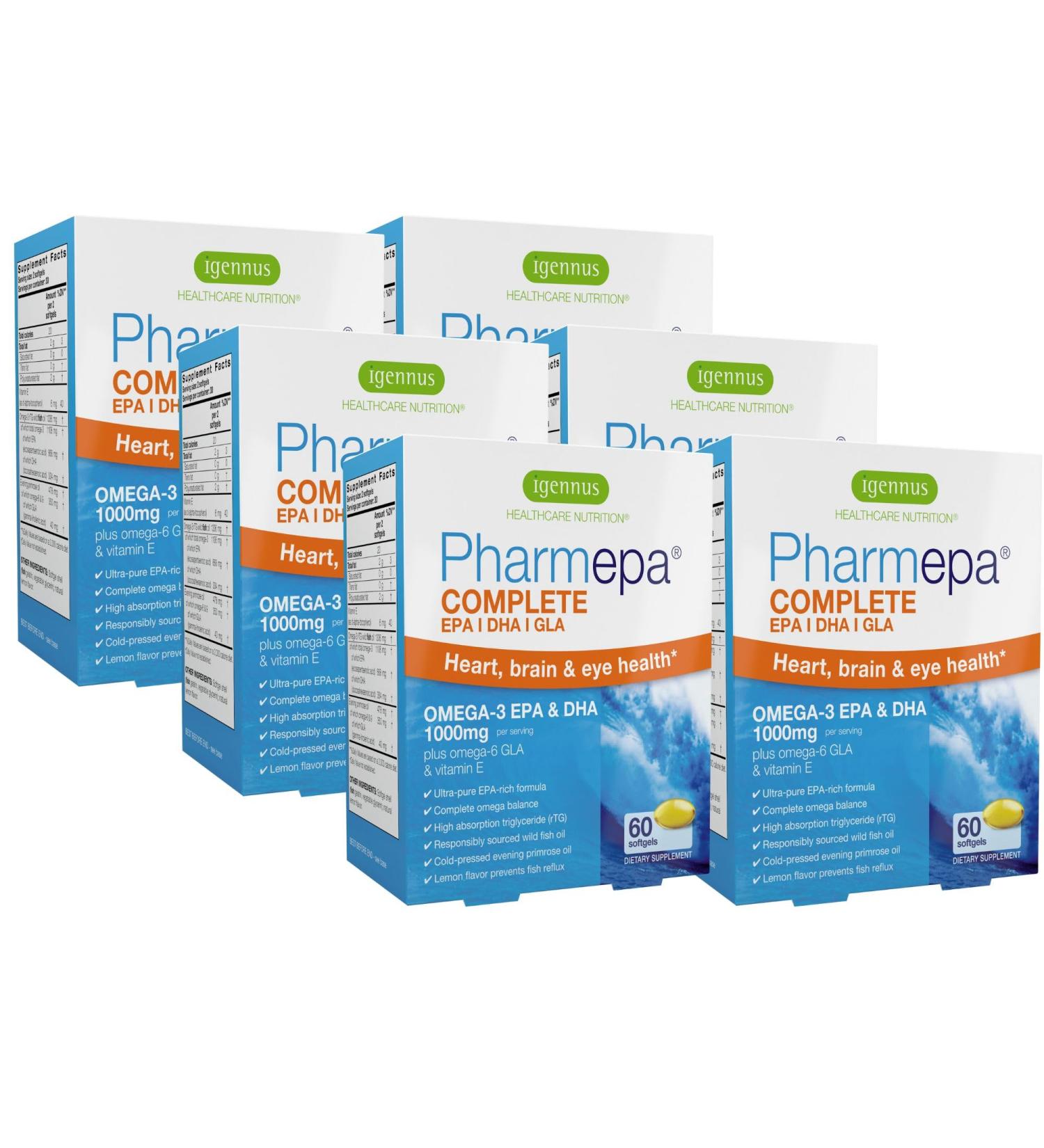 Igennus Pharmepa Complete EPA 668mg & DHA 334mg Omega-3 Fatty Acids 1000mg IFOS Certified rTG Form High Potency Fish Oil Plus Omega-6 & 9 from GLA Evening Primrose Oil Lemon Flavor 360 Softgels 60 Count (Pack of 6) - Buy Online on GoSupps.com