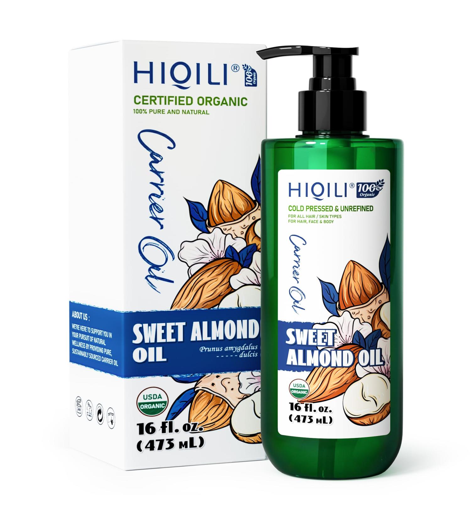 HIQILI Sweet Almond Oil for Skin Hair Body 100% Pure Organic Carrier Oil for Essential Oils Mixing Hexane Free Unscented - 16 Fl Oz - Buy Online on GoSupps.com