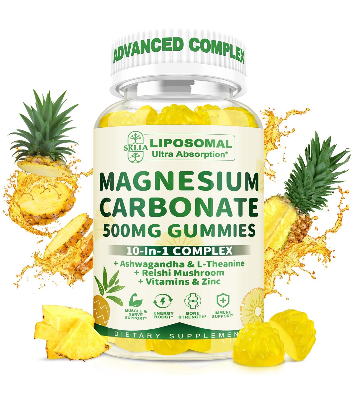 Liposomal Magnesium Carbonate Gummies 500 mg Magnesium Supplement with Ashwagandha, L-Theanine, Calcium & Vitamin D3 for Muscle & Nerve Support, Sugar-Free Vegan Pineapple Flavor (60 Count) 1P 60 Count (Pack of 1) - Buy Online on GoSupps.com