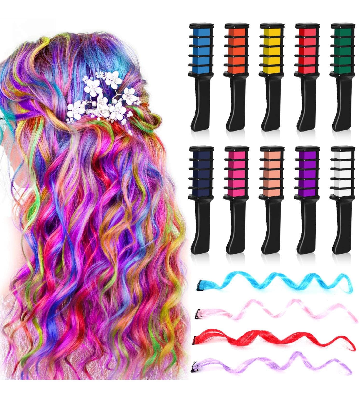 10 Pcs Hair Chalk Comb Set - Temporary Color for Kids | Washable Hair Chalk for Cosplay Carnival Halloween & Birthdays (10 Colors + 4 Tigs) - Buy Online on GoSupps.com