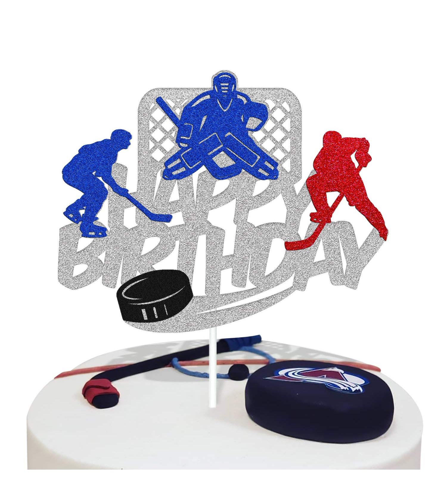 Ice Hockey Cake Topper Happy Birthday Sign Cake Decorations Puck Theme for Kids Girl Boy Man Women Birthday Party Supplies Sliver Glitter Double Sided - Buy Online on GoSupps.com