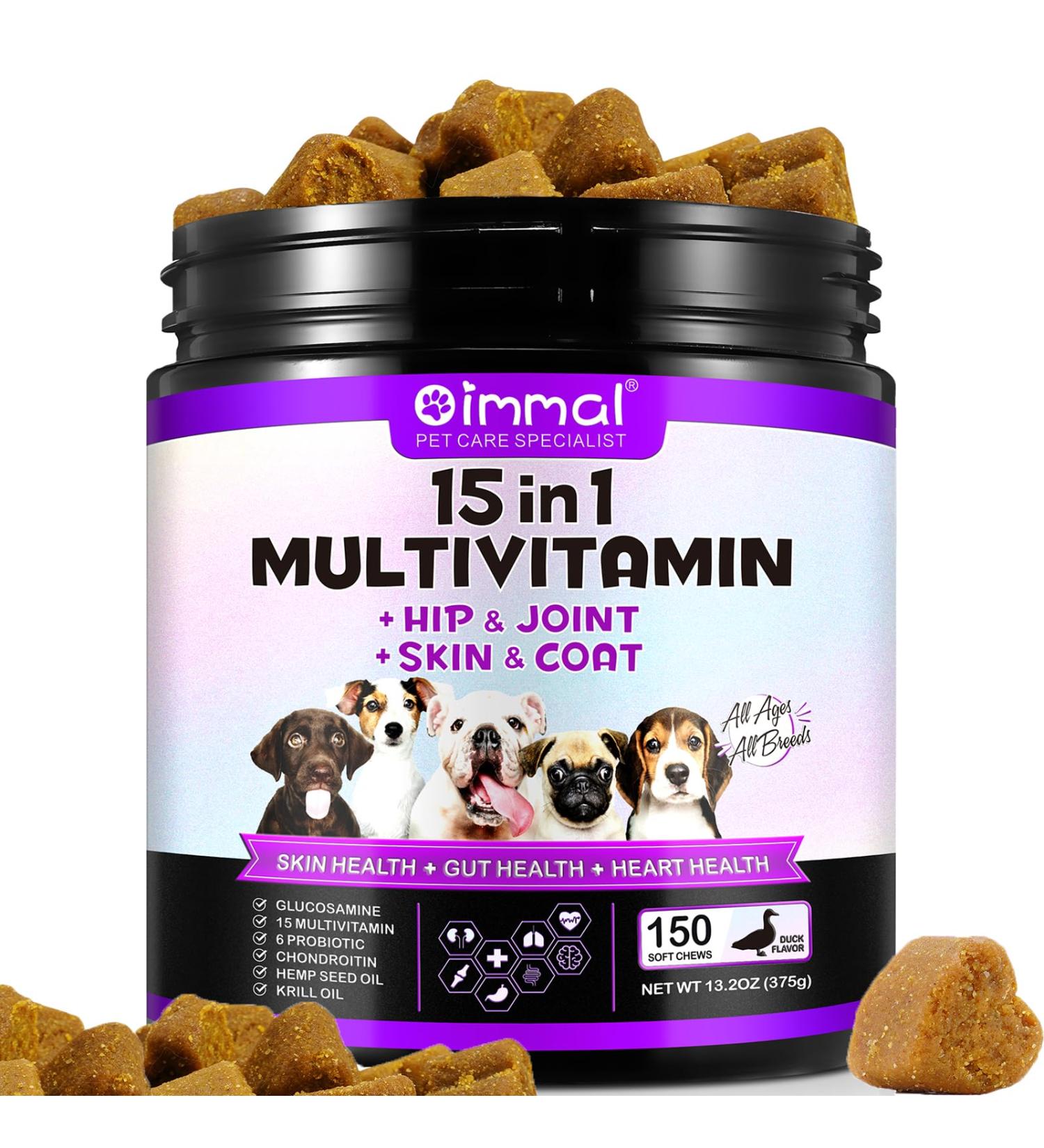 Dog Multivitamin Chewable Supplements 15 in 1. Hip Joint Skin Coat Skin Health Gut Health and Heart Health. Digestion & Immune System for All Ages All Breeds Dogs x150 Chews. Duck Flavor. - Buy Online on GoSupps.com