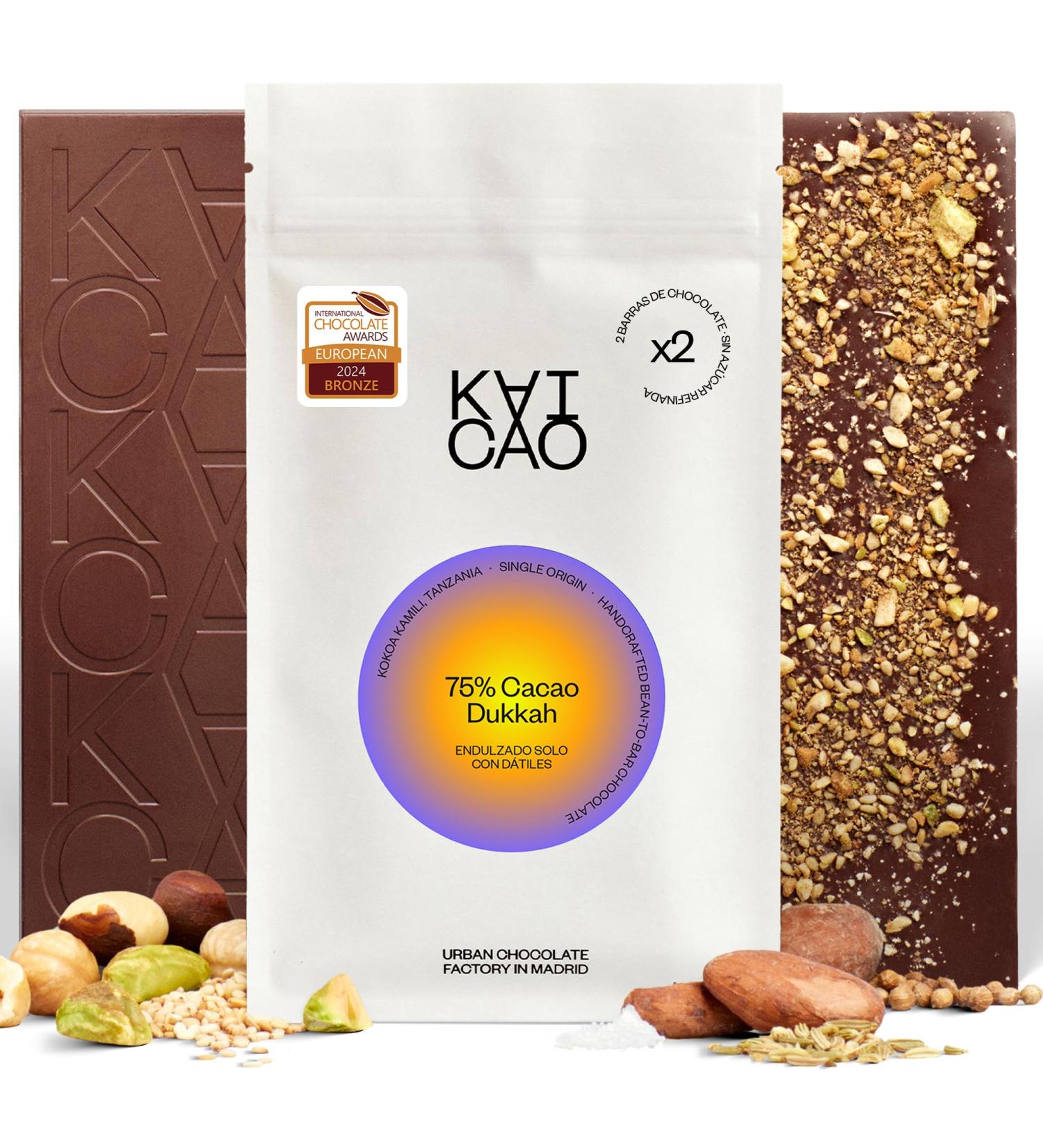 Kaicao Dark Chocolate 75% with Dukkah - Sweetened with Dates - Refined Sugar Free Chocolate - Lactose Free Gluten Free Vegan - Kokoa Kamili Origin Cocoa Tanzania - 2 x 70 g - Buy Online on GoSupps.com