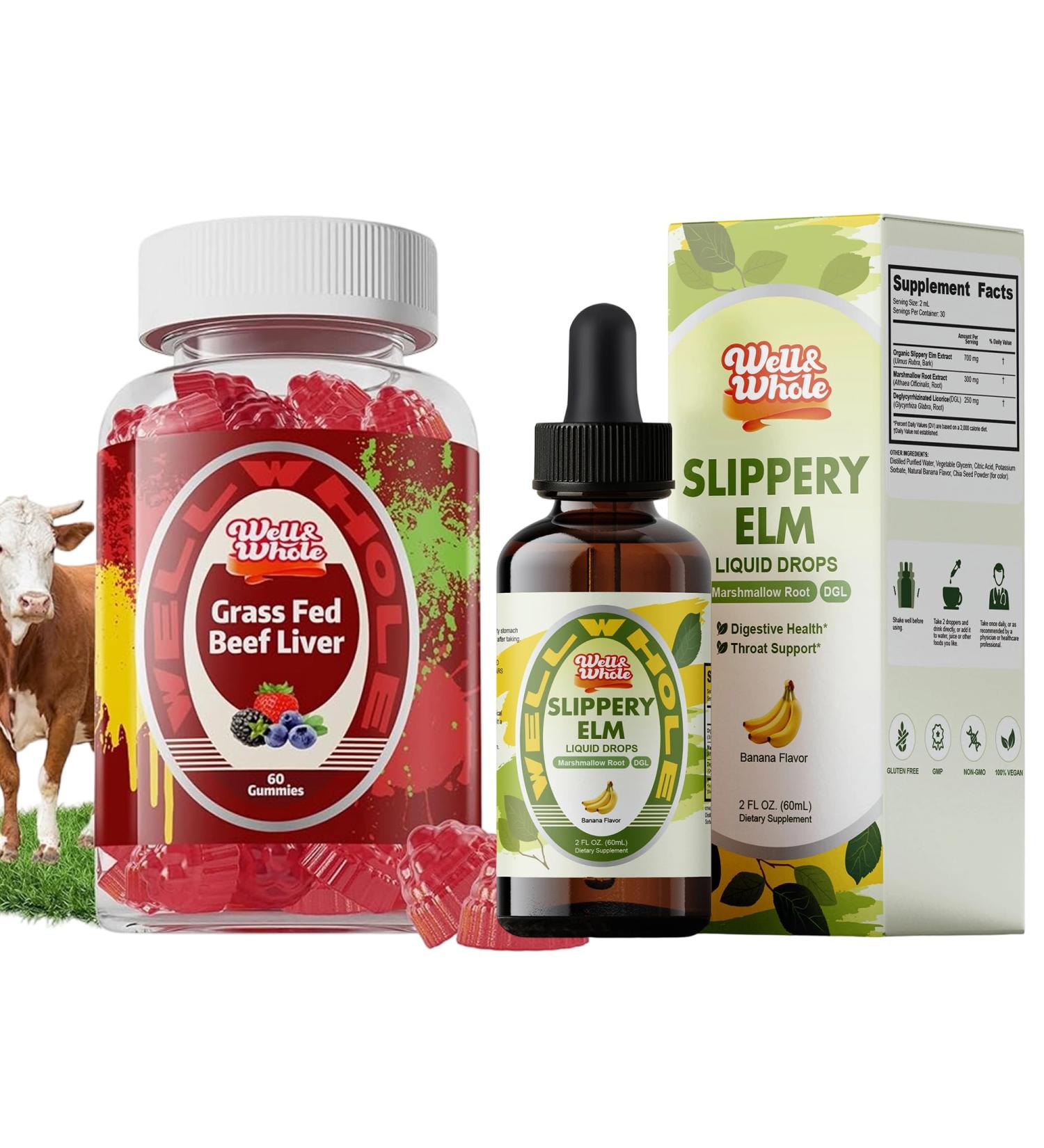 Well&Whole Grass Fed Beef Liver Gummies Slippery Elm Liquid Drops Marshmallow Root Slippery Elm Bark Drops for Women
