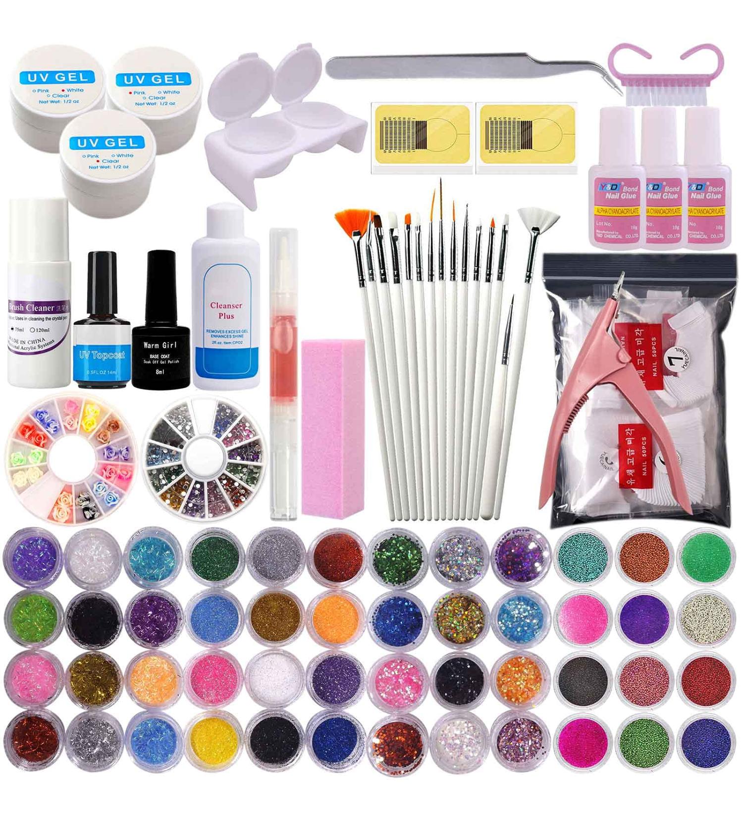 Nail Extension Gel Set - 3 Colors UV Poly-Nails Strengthening Gel 48 Pieces with Glitter Powder & Tips - Perfect for DIY Manicure - Buy Online on GoSupps.com