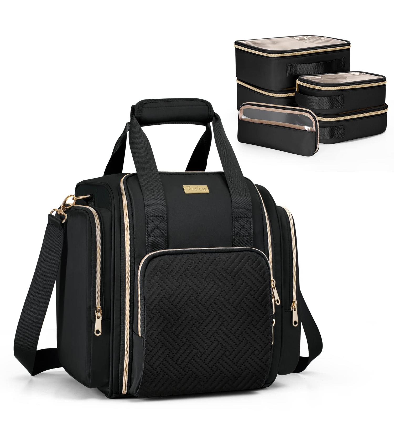 Prokva Travel Makeup Bag with 5 Removable Cases - Large Cosmetic Organizer with Strap and Storage Pockets - Black (Patented Design) - Buy Online on GoSupps.com